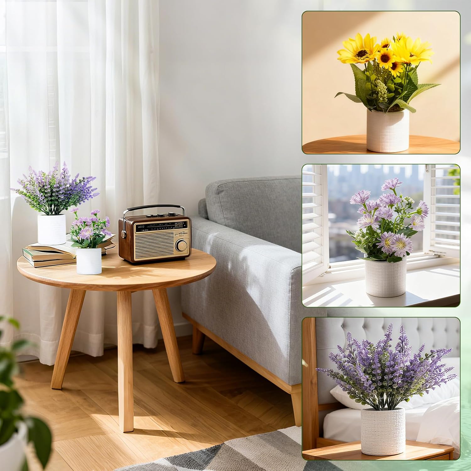 FGSAEOR Mini Potted Fake Plants, Small Artificial Greenery Plants Topiaries, Low Maintenance, Shelf Desk Room Table Office Home Decor (3-Pack) (White Pot - Purple Yellow)