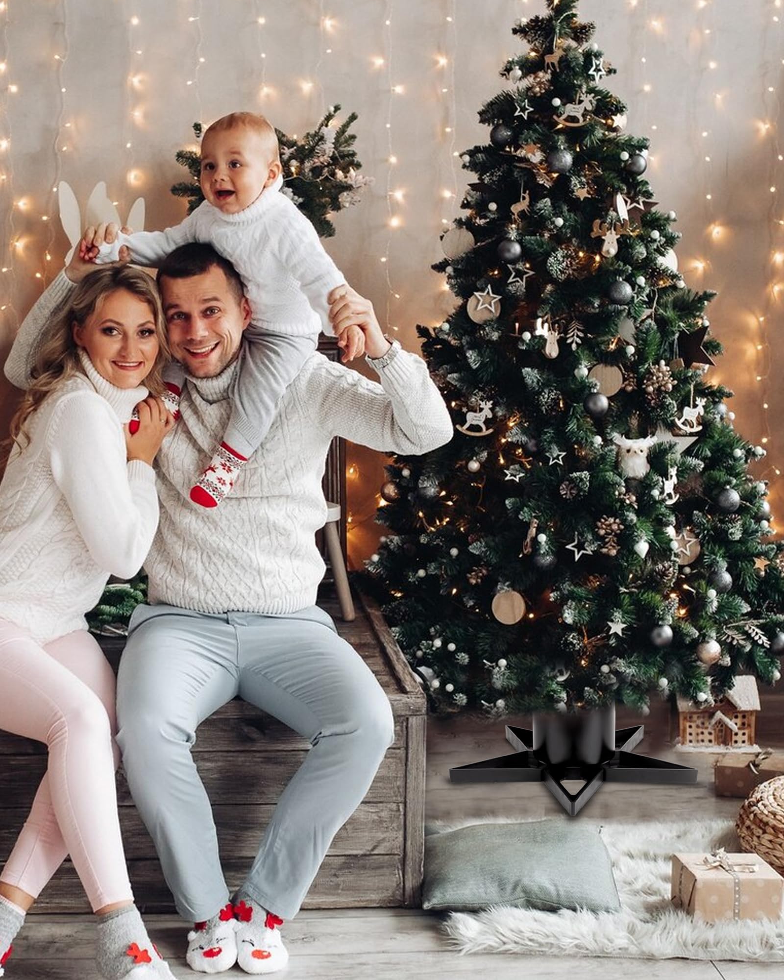 PUDO Christbaumständer Weihnachtsbaumständer Tannenbaumständer mit Wassertank: Baumständer Weihnachten mit Wasserbehälter Christmas Tree Stand für Bäume bis 2m Stamm 3-12cm Star Schwarz
