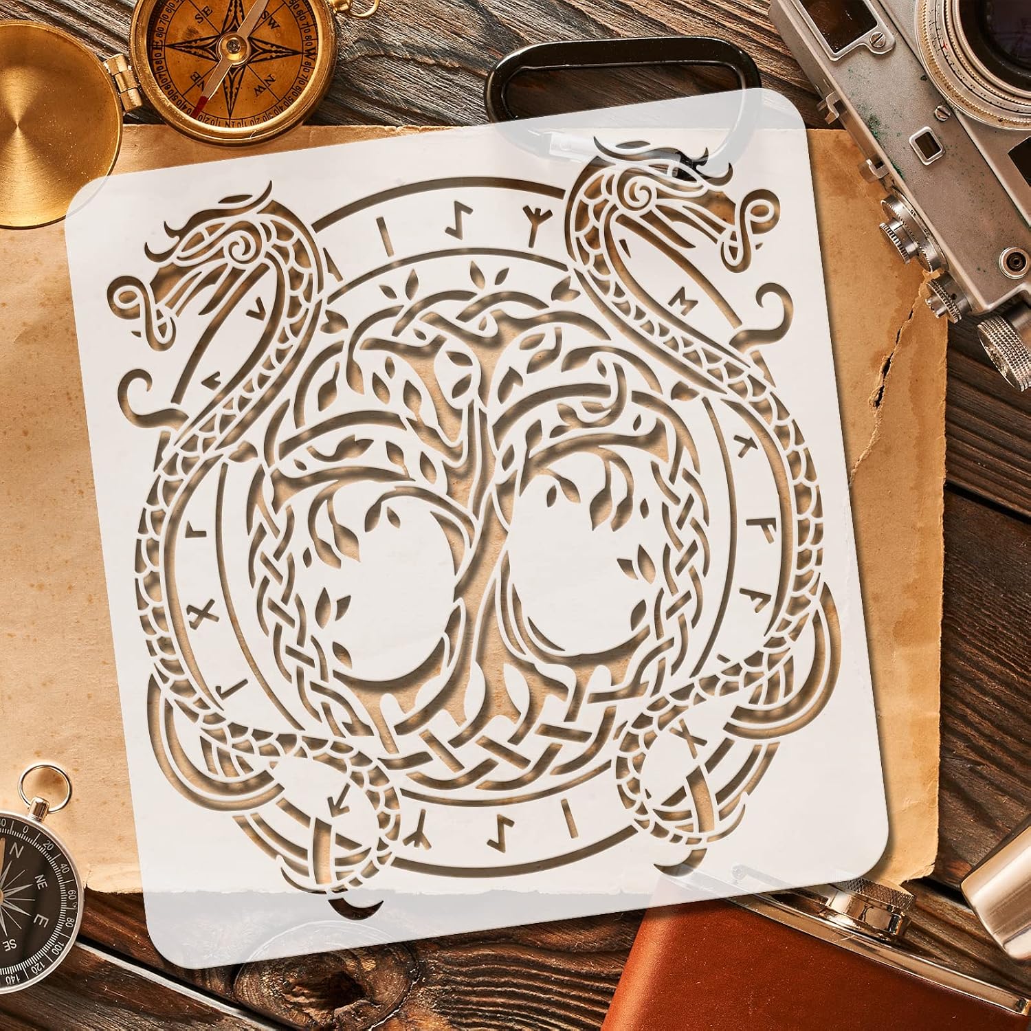 FINGERINSPIRE Tree of Life Stencil 11.8x11.8 inch Dragon Painting Stencil Plastic Tree of Life Dragon Viking Pattern Template Reusable Create DIY Crafts and Decor Stencils for Decor
