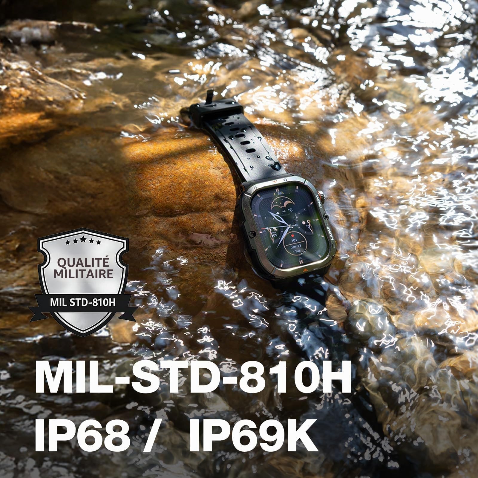 AGM Legion 3 Montre Connectée AMOLED 1,95" 5ATM MIL-STD-810H Lampe LED | Anti-choc Militaire, Écran AMOLED 1,95", MIL-STD-810H, 5ATM, Lampe LED, Appels Bluetooth, Montre Chantier