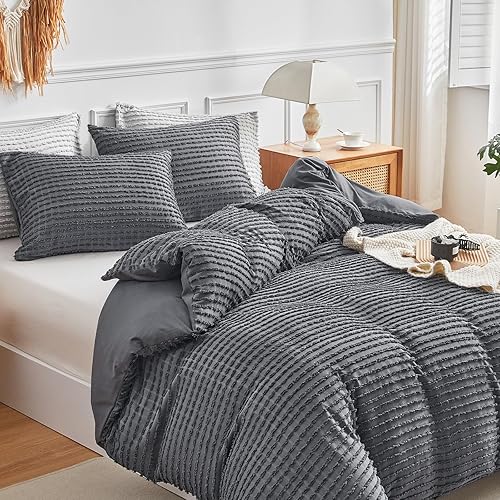 Miniatura 6 de WARMDERN Juego de funda de edredón bohemio tamaño King, juego de ropa de cama de microfibra a rayas gris oscuro, 3 piezas, ultra suave,