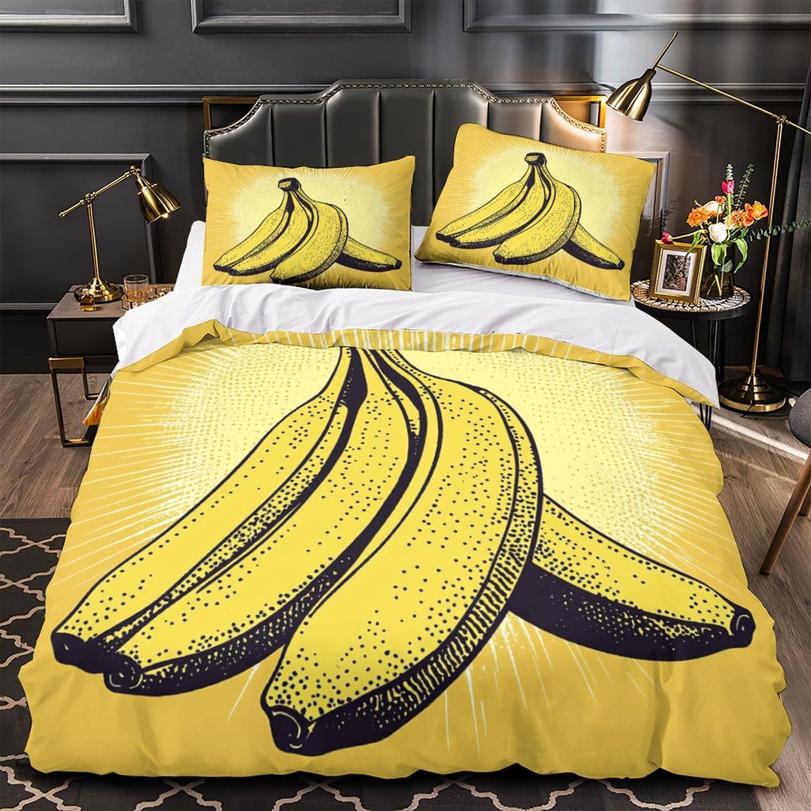 Housse de couette bananes parure lit 200x200 microfibre respirante drap 3 pièces