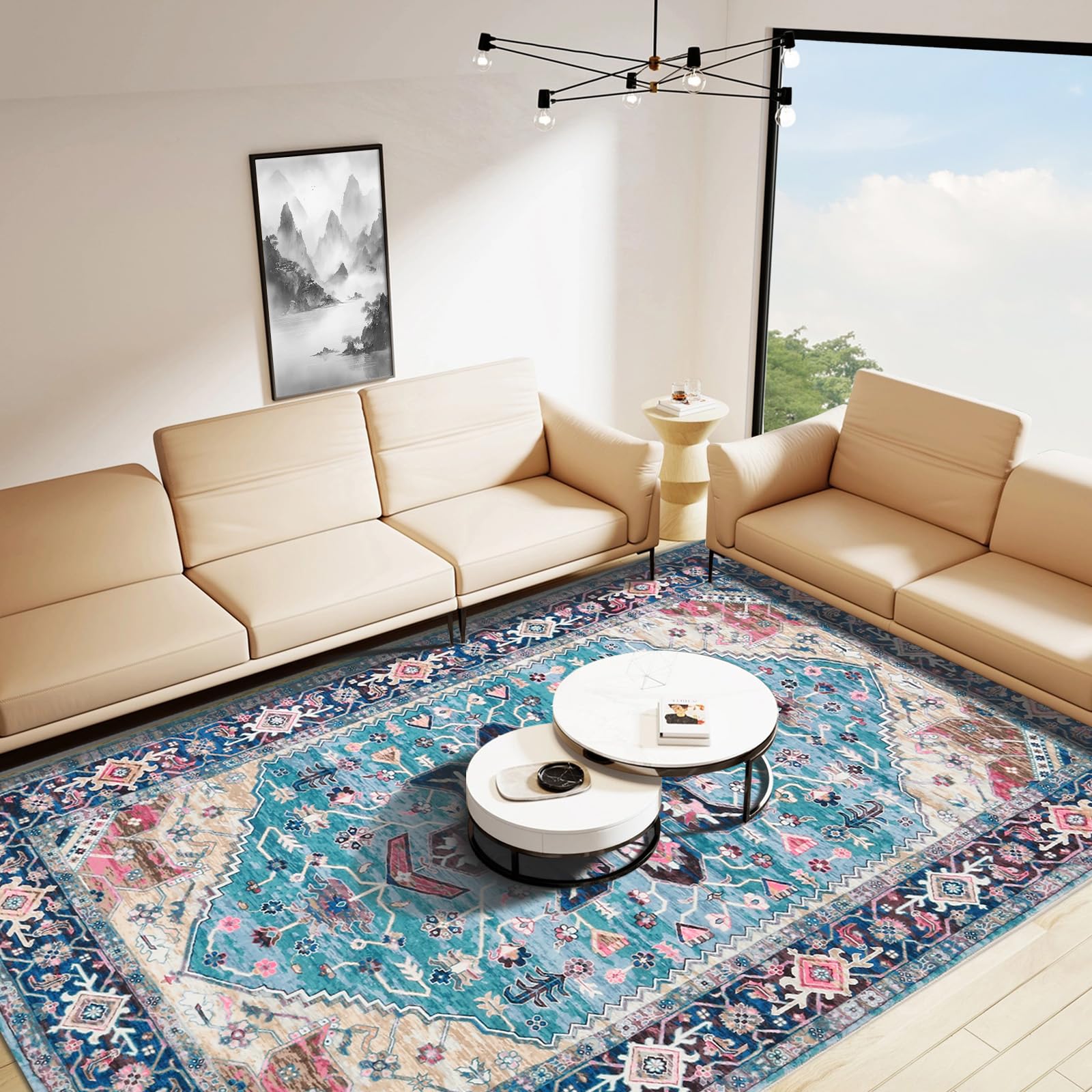 Betadistor Washable Rugs Living Room Area Rugs Vintage Boho Large Non Slip Carpet Traditional Rugs Short Pile for Bedroom Dining Room Kitchen Soft Faux Wool Rugs 120x160cm Grey and Cyan, 302-06120 — image 1