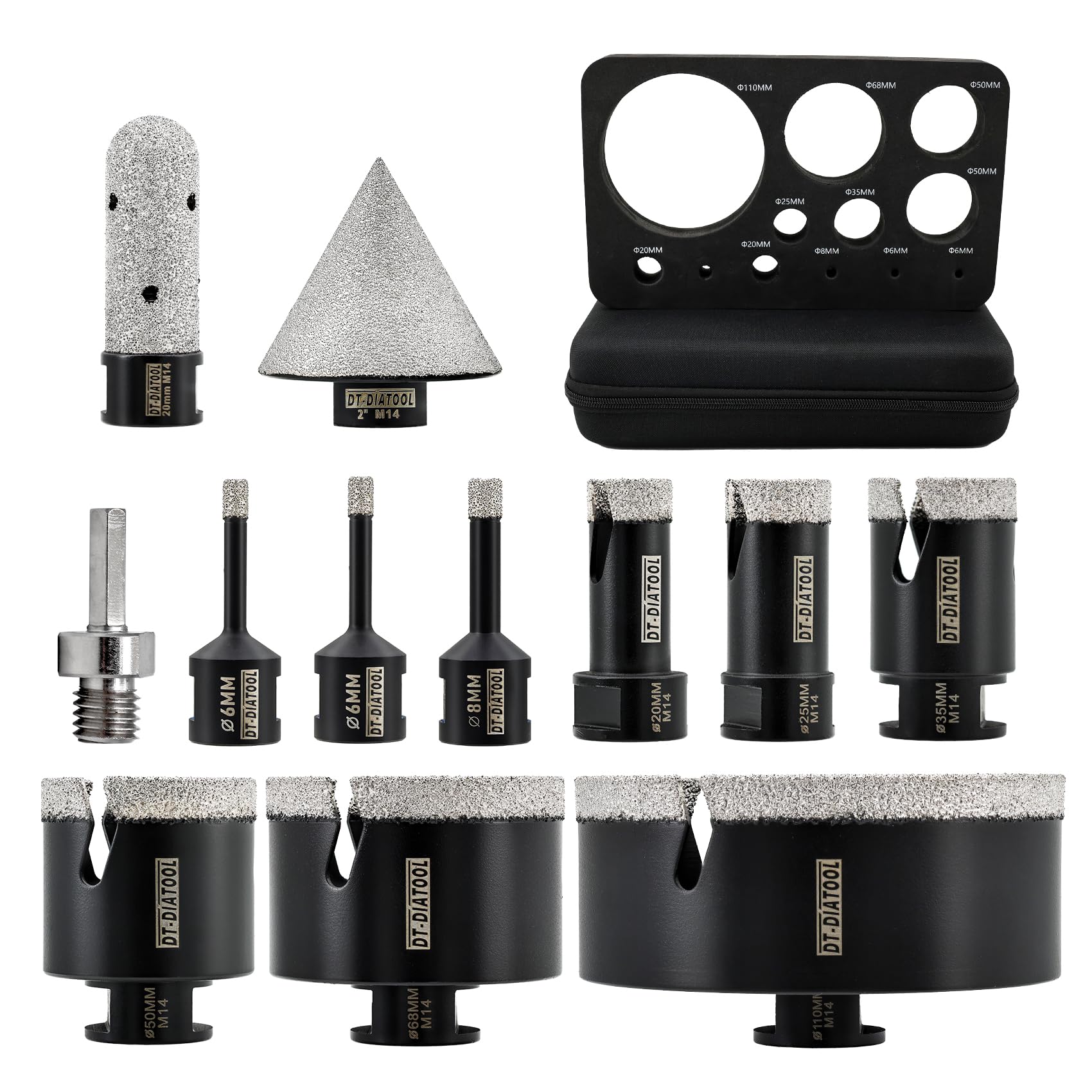 DT-DIATOOL Broca de diamante para azulejos de 12 piezas, M14 6/6/8/20/25/35/50/68/110 mm+fresa de dedo de 20 mm, fresa de bisel de 50 mm + adaptador para azulejos de porcelana, mármol y granito