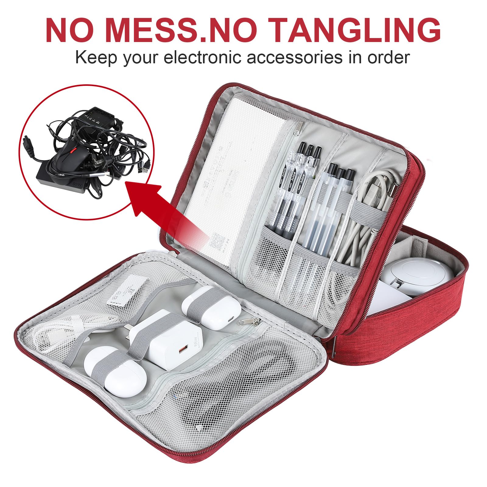 AiQInu Organizer Na Kable Torba Podróżna Wodoodporny Przenośny Organizator Na Kable Do Ładowarki, Pamięci USB, Słuchawek, Powerbanku, Dysku Twardego, Karty SD, Czerwone WinO - 3 Warstwy