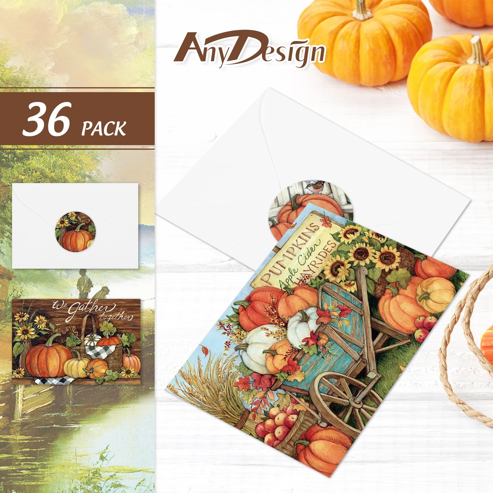 AnyDesign Fall Farmhouse Greeting Cards Set, 36 Packs with Envelopes and Stickers, Rustic Autumn Design, 4 x 6 Inch Cards, Suitable for All Occasions - Image 2