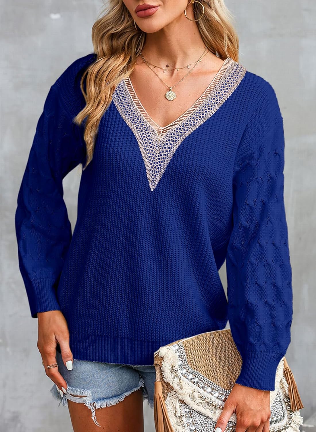 EVALESS Womens Long Sleeve Sweaters Fall 2024 Trendy Sexy Lace V Neck Knit Drop Shoulder Pullover Sweater Jumper Tops - Image 3