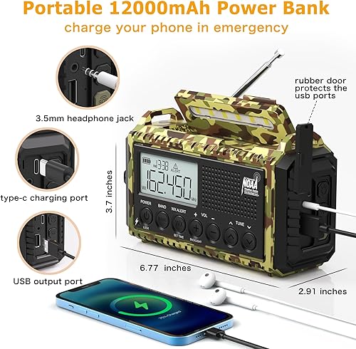 Miniatura 10 de Radio meteorológica de emergencia, manivela solar, funciona con pilas, radio de onda corta AM FM portátil con alerta NOAA, linterna, lámpara de