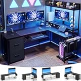 L Shaped Gaming Desk with Keyboard Tray&comma; Reversible Computer Desk with Power Outlet&comma; Corner Home Office Desks&comma; Mobile File Cabinet Storage Shelves Monitor Stand Drawers &lpar;Black&comma; 67in&rpar;