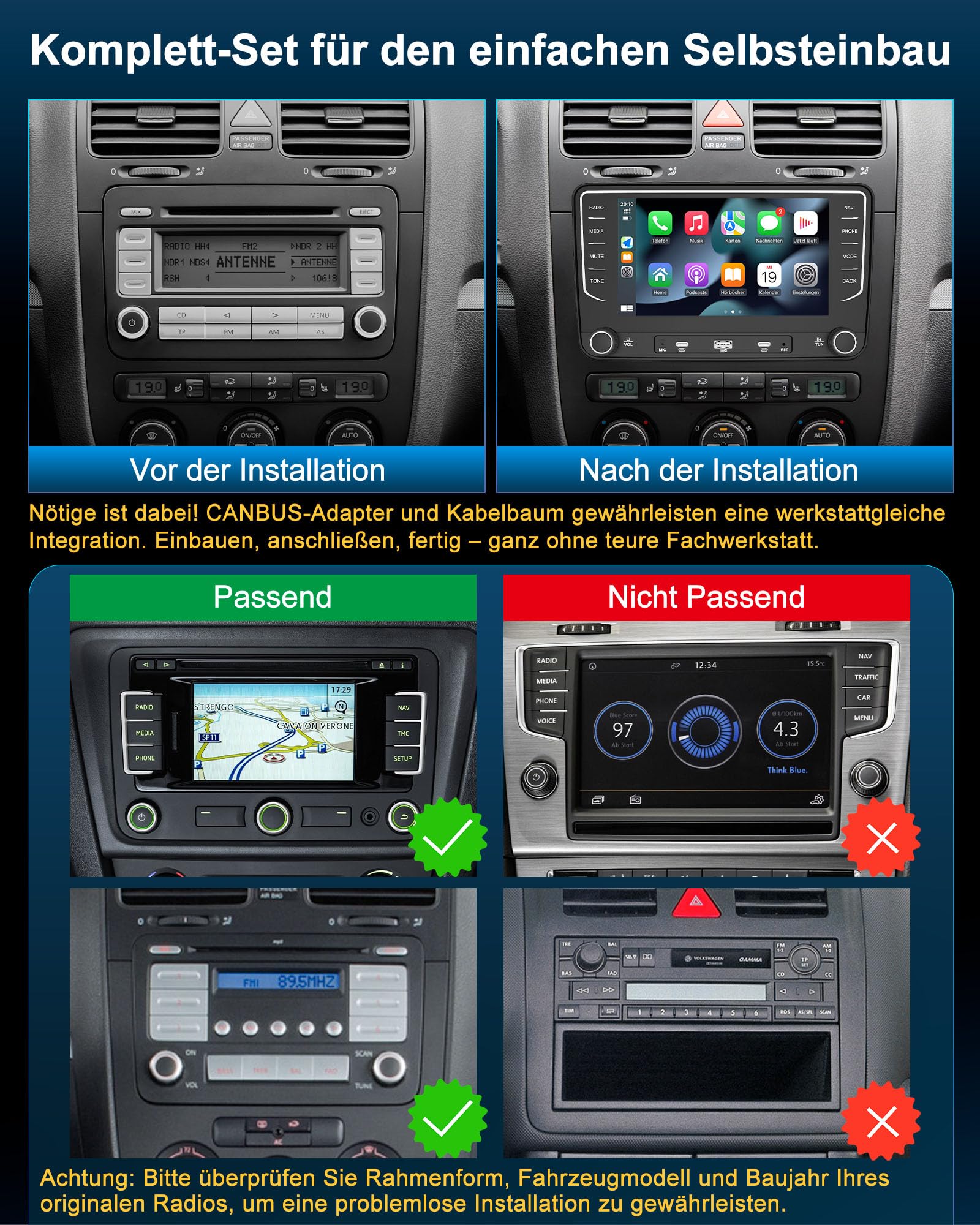 Autoradio mit Bildschirm Bluetooth 2+64GB für VW Golf 5 6 T5 Polo 6R Passat Caddy Seat Skoda, 2DIN 7 Zoll Auto Radio mit Navi DAB WLAN FM/AM, Apple Carplay, Android Auto, Lenkradsteuerung, Android 14