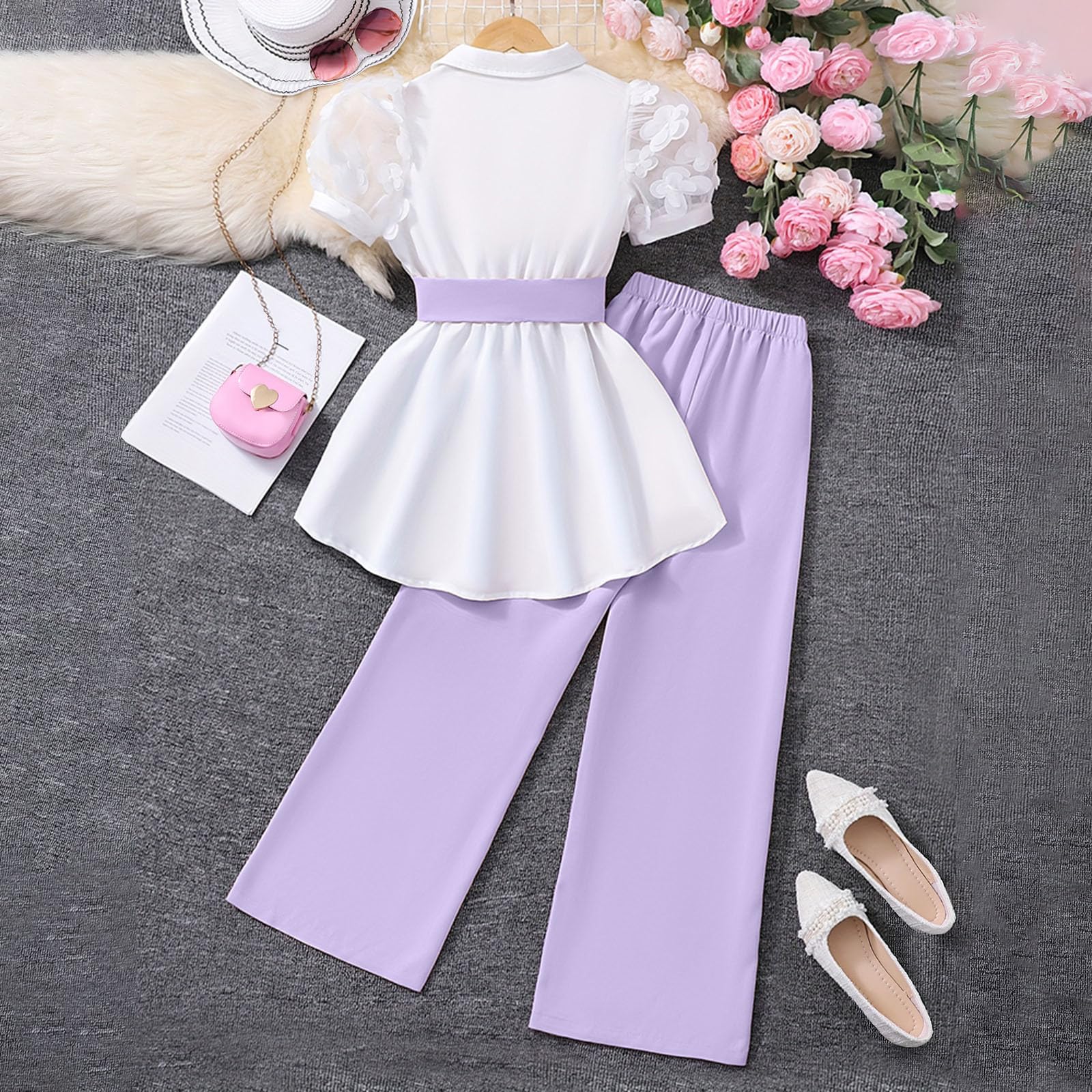 Ensemble Ete Enfant Fille Fashion Pantalon Et Blouse Manche Courte Ado Fille Chic Et élégant Leger Fluide Ample Vacances Casual Plage Soirée 7-12 ans