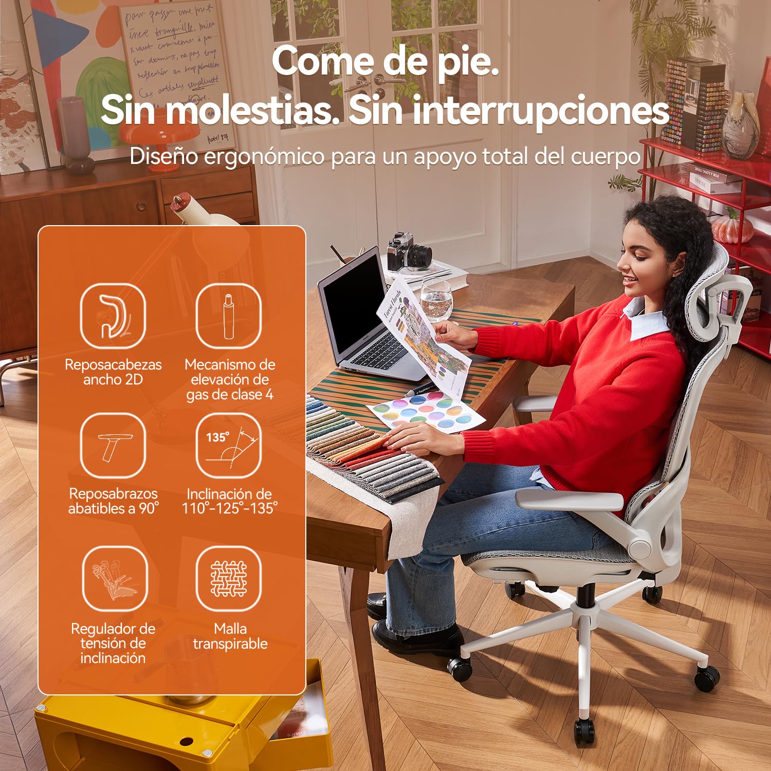 SIHOO Silla de Oficina ergonómica B100, cómoda Silla de Escritorio con Soporte Lumbar dinámico adaptativo, Silla de computadora con reposacabezas, reposabrazos abatibles (Blanca sin reposapiés)