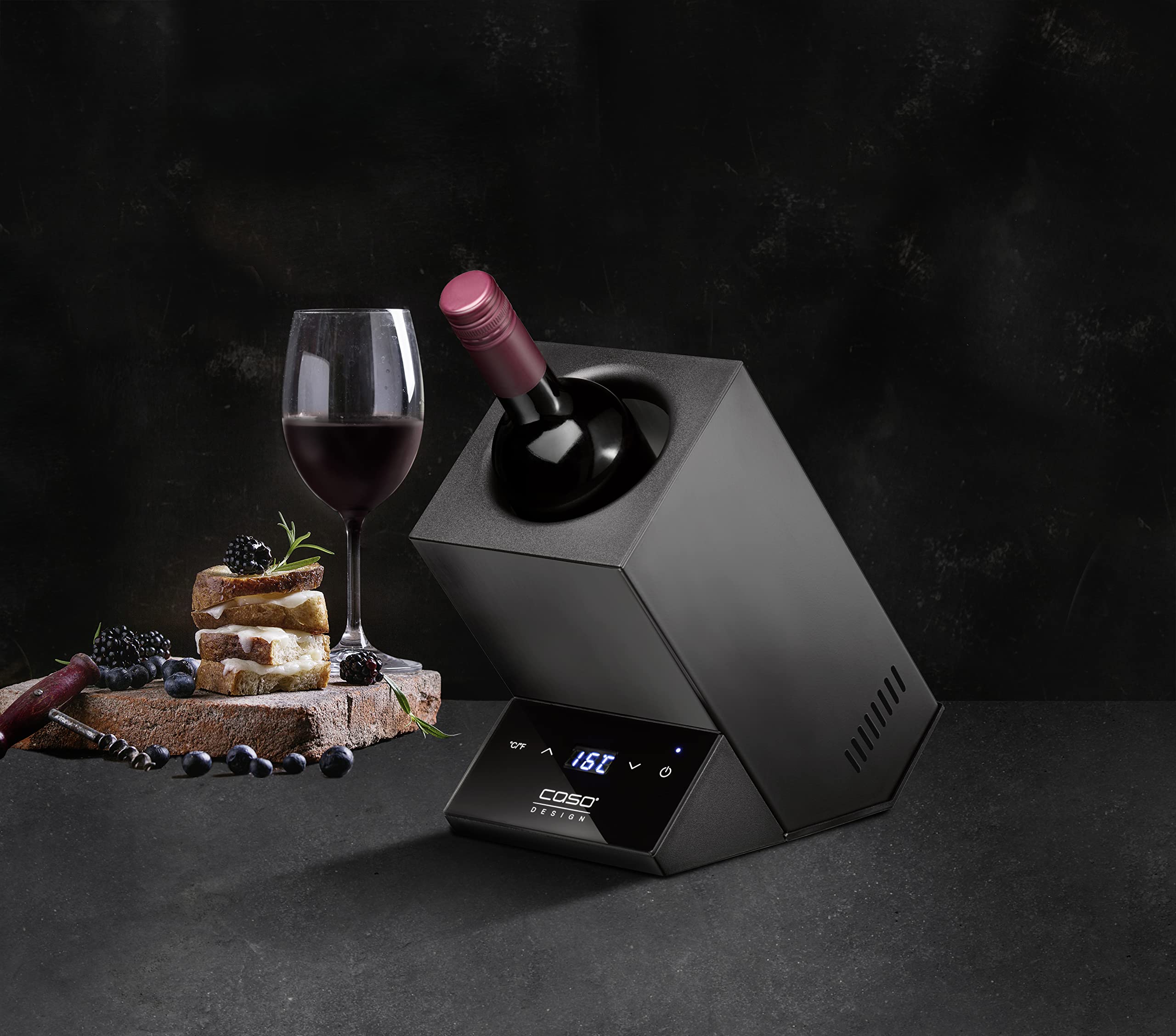 CASO WineCase One Black - Enfriador de vino para una botella, rango de temperatura de 5 – 18 °C, para botellas de hasta 9 cm de diámetro, control táctil, carcasa de acero inoxidable, negro
