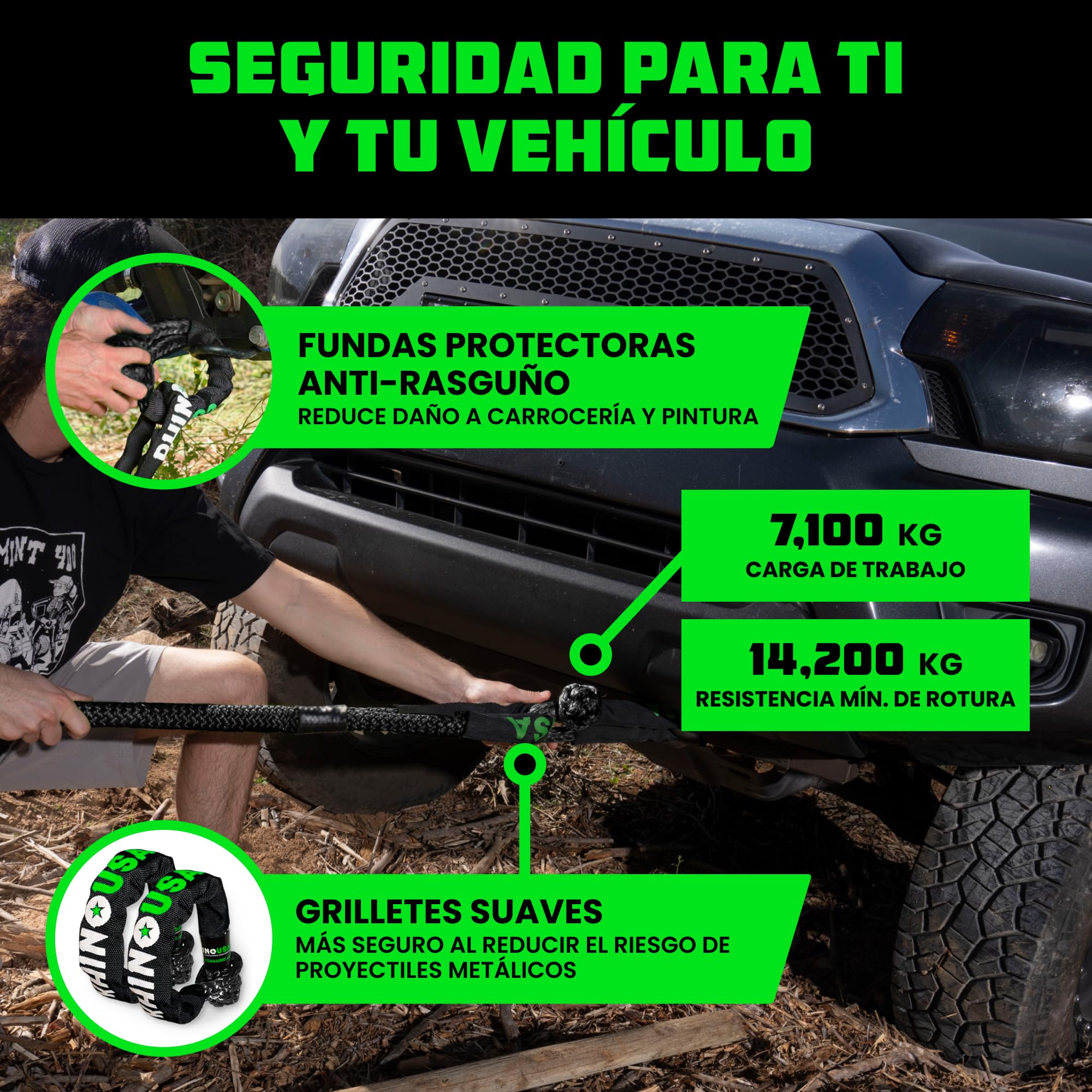 Rhino USA Cuerda Cinética para Remolque 13000kg - Cuerda de Remolque y Recuperación con 2X Grilletes - Correa de Rescate Todoterreno 2.2 cm x 9 m - para Todoterreno Quad UTV 4x4 - Negro
