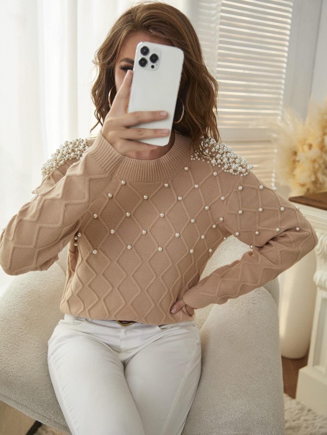 Women's Sweater Solid Pearl Rib-Knit Sweater Sweater for Women (Color : Apricot, Size : Medium)