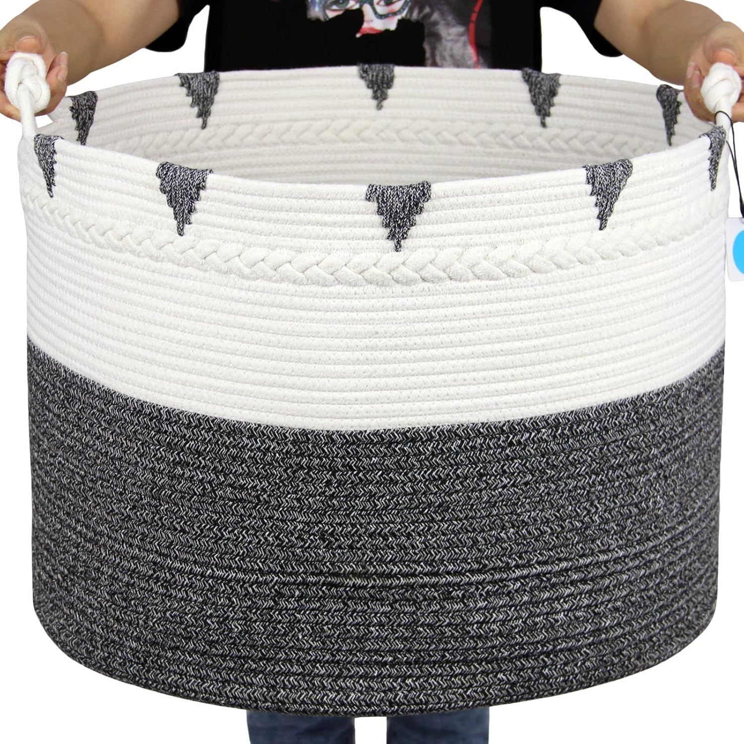 Casaphoria Large Blanket Basket 22"x16" Boho Woven Baskets for Pillows Cotton Rope Storage for Towel XXL Round Organizer Foldable Decorative Woven Hamper for livingroom Rope Hamper,Black&Cream White