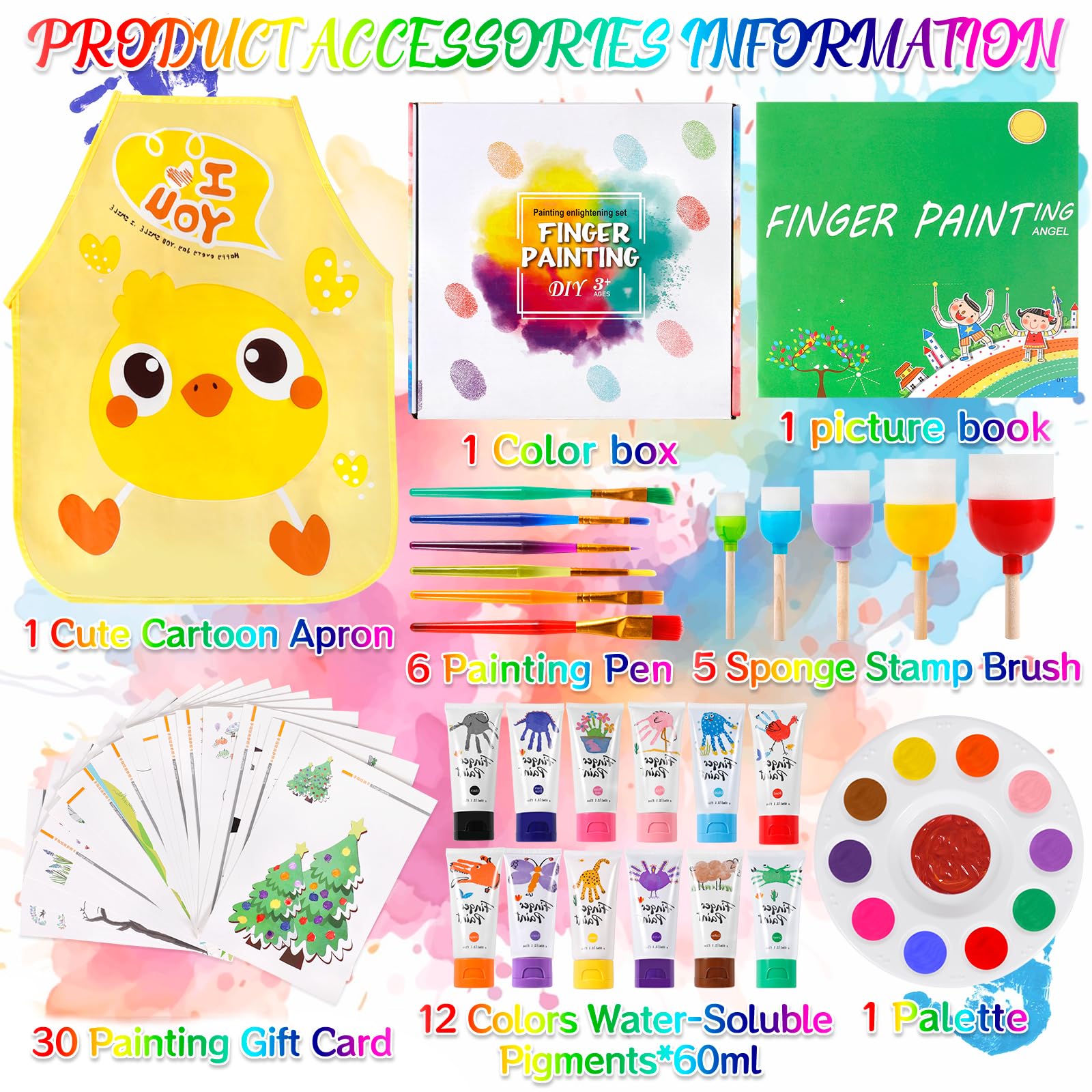 AQXONG Pintura para Dedos Lavable para Niños, 56 Pcs Kit de Pintura para Dedos No Tóxico, Kit de Pintura de Bricolaje para Niños Pequeños con 12 Colores de Pigmentos, Alta Capacidad（60ML）