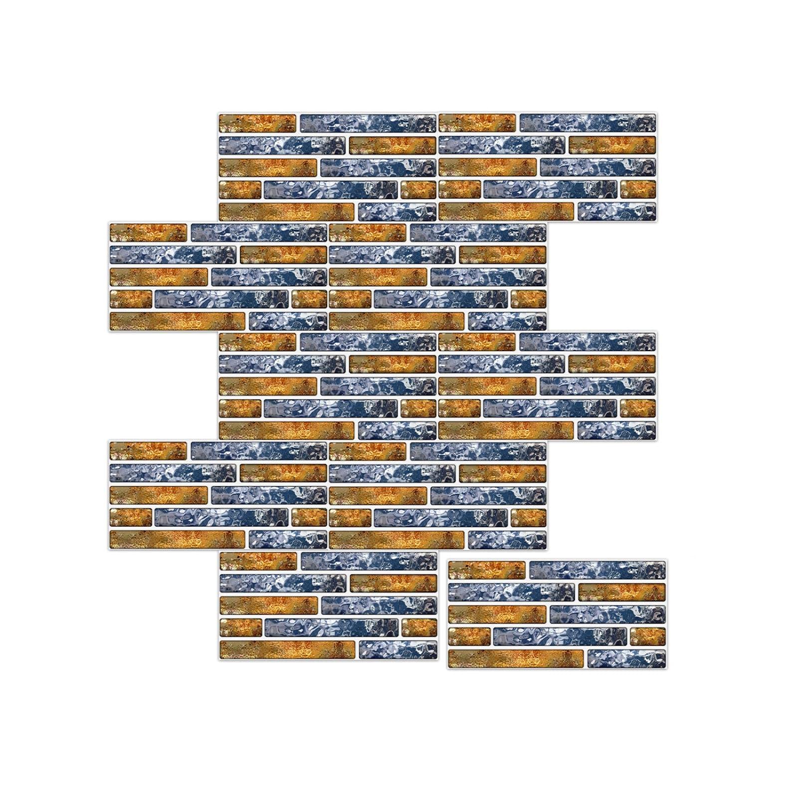 LUOWAN Tiles Sticker Kitchen Rectangle 20 x 10cm, 10-Sheets Peel and Stick Self Adhesive 3D Tile Wall Sticker, Gold Bopu Blue, Art Bedroom Bathroom Toilet Home Decals Waterproof