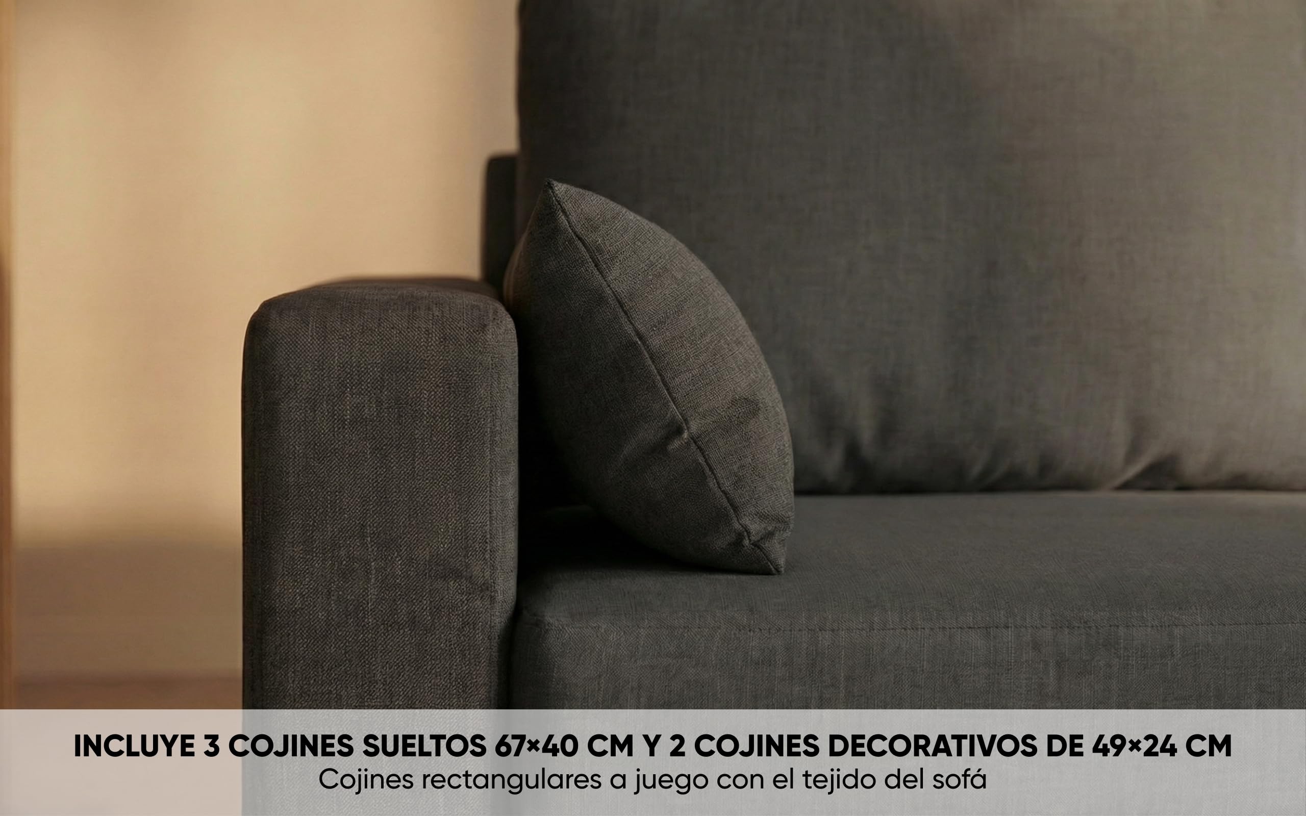 BUDWING Leah Sofá Cama Esquinero 3 Plazas - Chaise Longue Reversible y 2 Cojines Decorativos – Tapizado en Poliéster – Estilo Moderno – 233x124x69 cm – Gris Oscuro