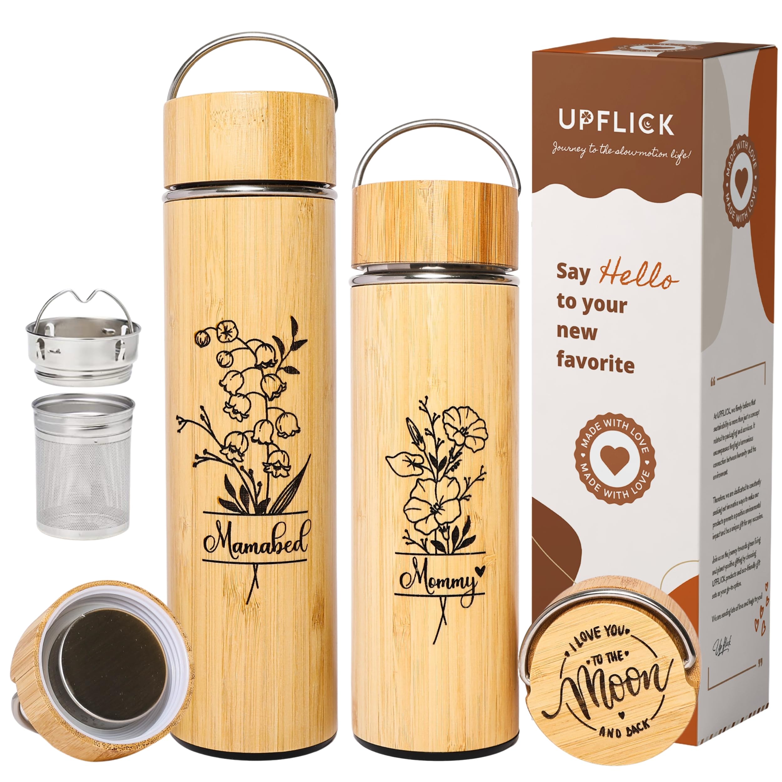 Personalized Gifts 15 oz Tea Tumbler Laser Engraving Bamboo Water Bottle Custom Name Birth Month Flower Thermos Gift for Mom, Birthday Gifts, Family Christmas Gift