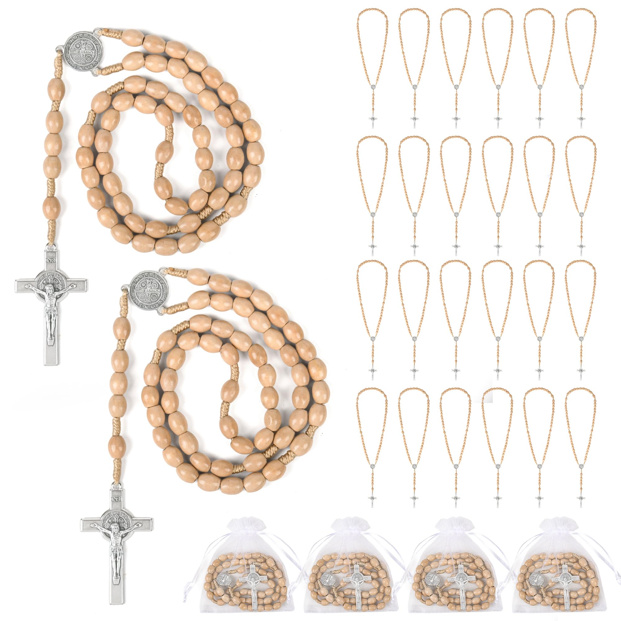 Wonitain 30 Set Wooden Rosary Beads Bulk Catholic Rosaries Wood for Men Women with Jesus Holy Crucifix Cross Rosary with Organza Bags Baptism Favors Religious Rosary Catholic Christians Prayer Church