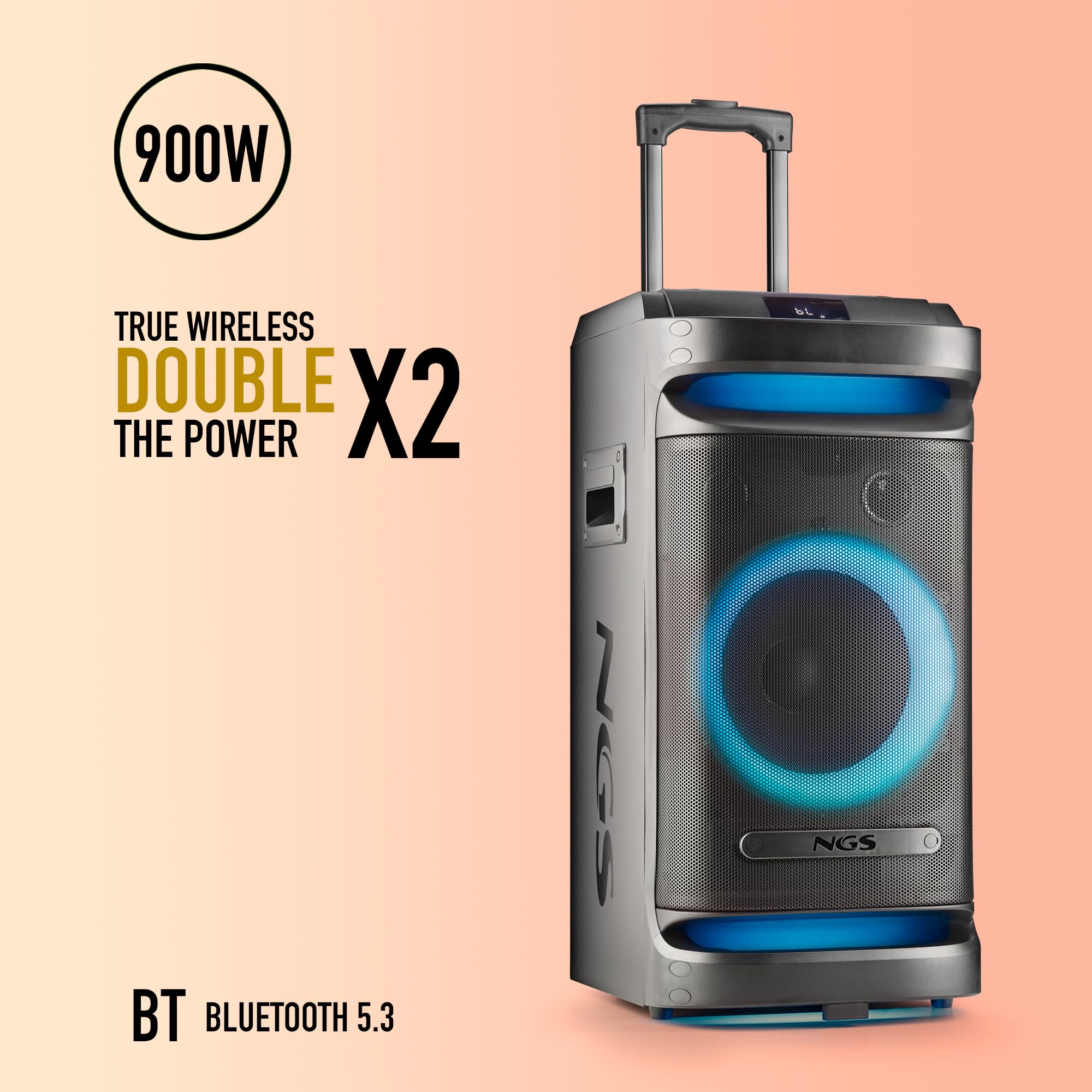 NGS Wild Space 1 – Altoparlante portatile Bluetooth 5.3 per feste, 900 W, subwoofer 10", luci LED RGB, TWS, karaoke, batteria 6H, ruote e maniglia, nero | 900 W (180 W RMS). Subwoofer e 2 tweeter. Ruote USB/AUX IN/Micro SD. True Wireless. 6 ore di autonom