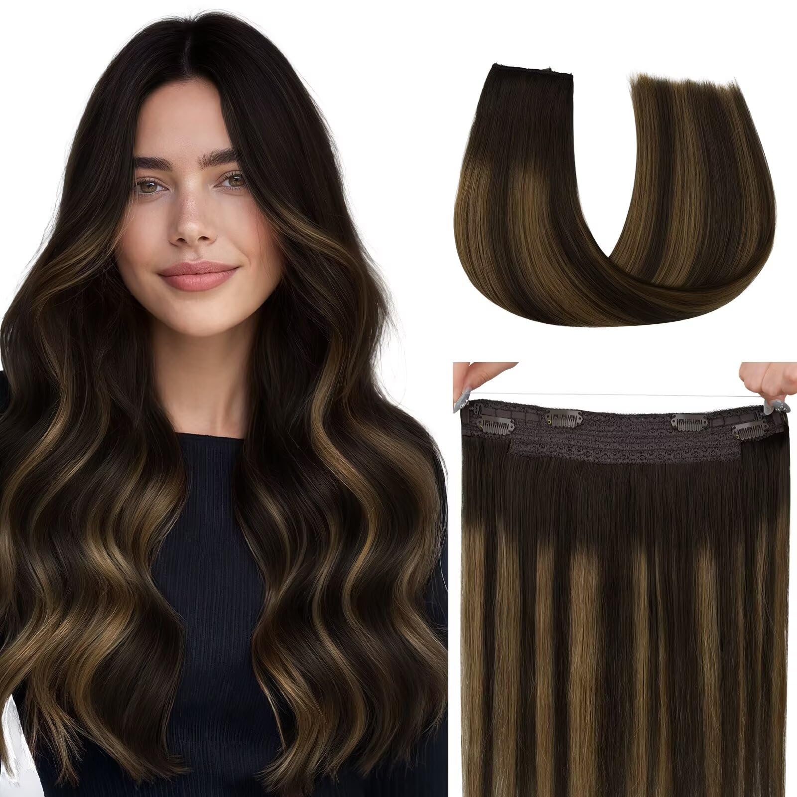 HOTBANANA Wire Hair Extensions Real Human Hair, 22 Inch 120g Balayage Dark Brown Mixed Chestnut Brown, Straight Wire Extensions