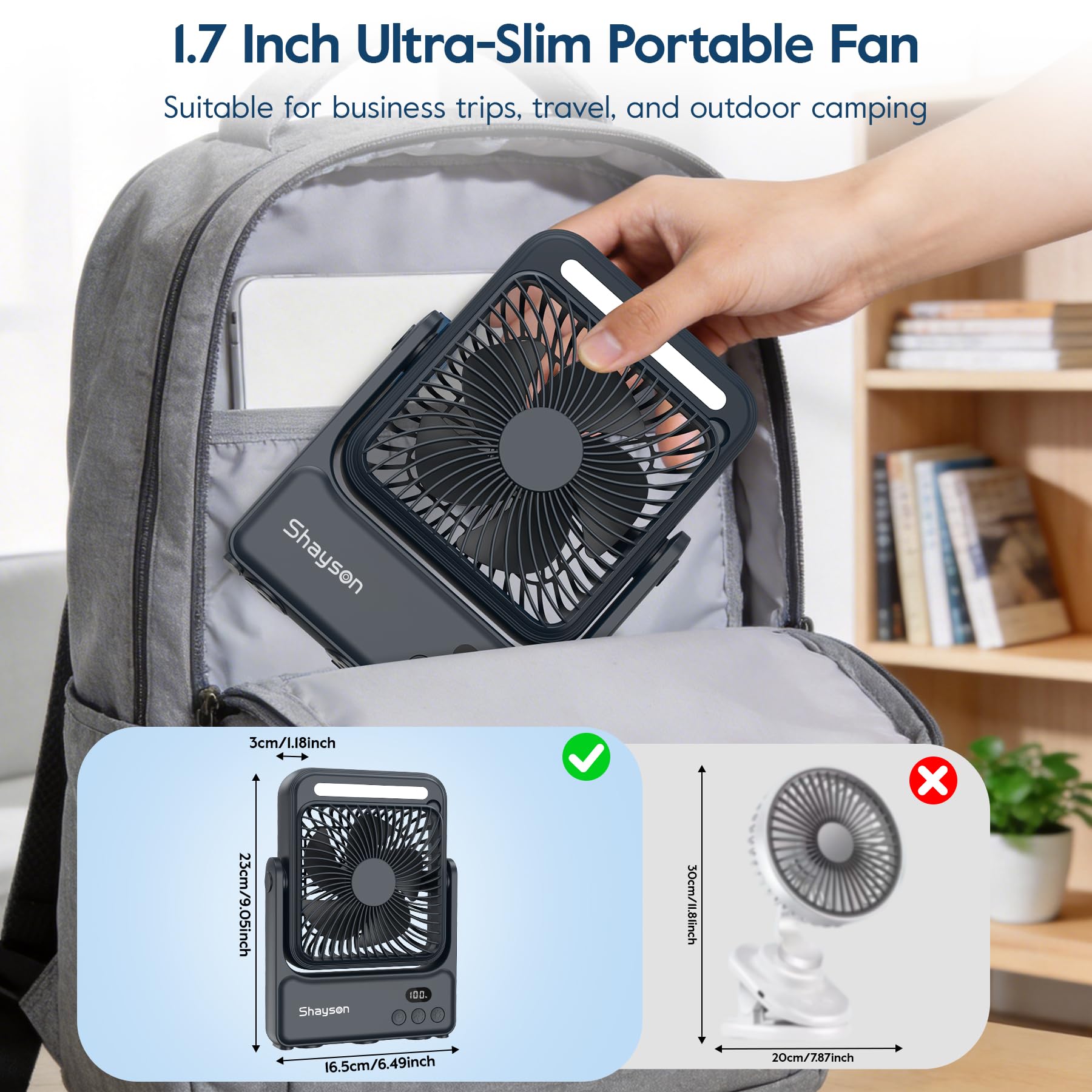 USB Ventilatore Portatile 10000mAh,Luce LED,7-27 ore di Funzionamento | Ventilatore da campeggio ad alto flusso d'aria e funzionamento silenzioso con ventosa per casa e ufficio
