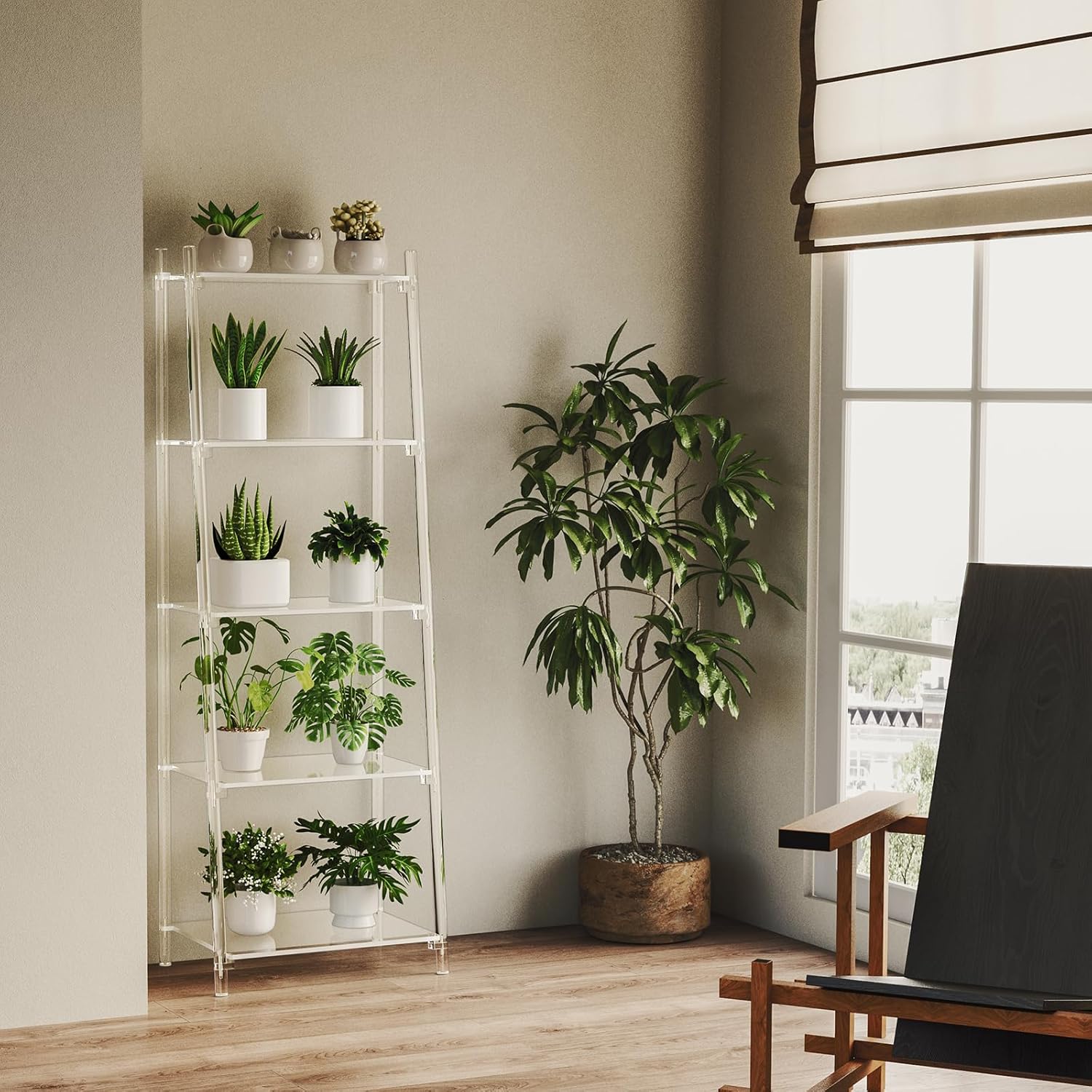 Acrylic Ladder Bookshelf, 13.8" D x 20.5" W x 59" H, 5-Tier Tall Clear Bookcase, Multifunctional Storage Book Shelf for Living Room, Bedroom, Office, Modern, Easy Assembly - Image 7