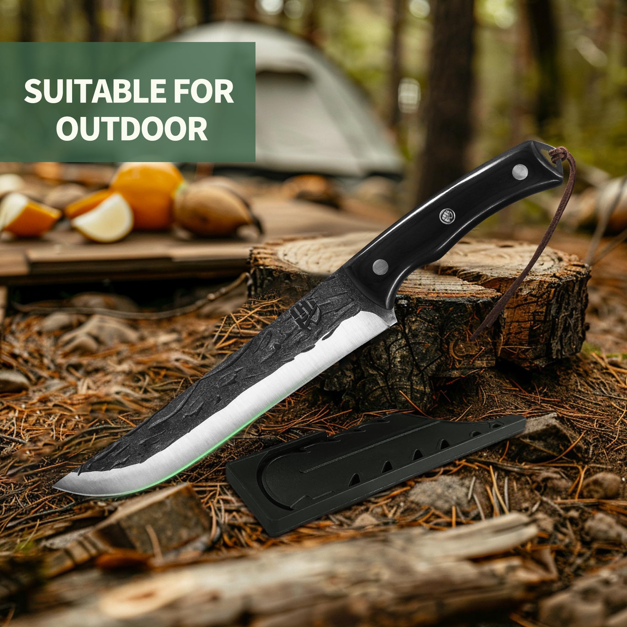 FULLHI Cuchillo deshuesador con funda,Cuchillo de cocina Full Tang,Cuchillo de acero al carbono para trinchar y deshuesar,Cuchillo de pesca para casa,Camping Barbacoa (Negro, 17cm)