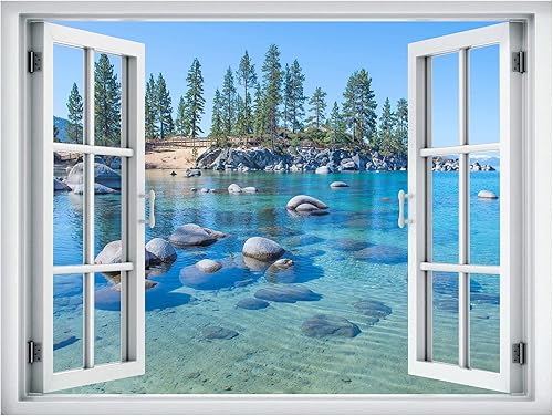 Miniatura 2 de wall26 Adhesivo mural removible para pared, vista de ventana, vibrante temporada de verano, bosque, lago vibrante, naturaleza, desierto, fotografía,