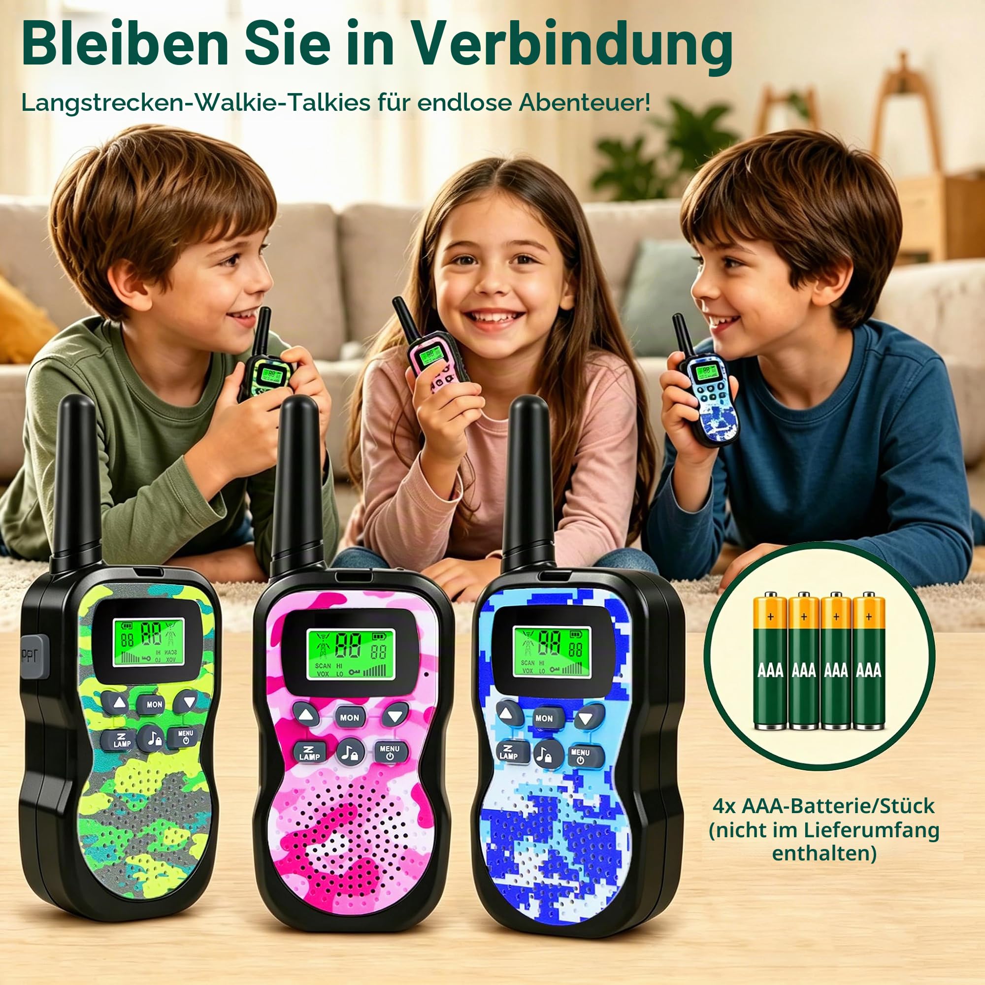 Nestling Walkie Talkie 3 Stück, Verbesserte Version Camouflage 8 Kanäle, 2-Wege-Radio-Spielzeug mit Hintergrundbeleuchtung LCD-Taschenlampe, 3 KM Reichweite für Kinder, Indoor-Outdoor-Aktivität