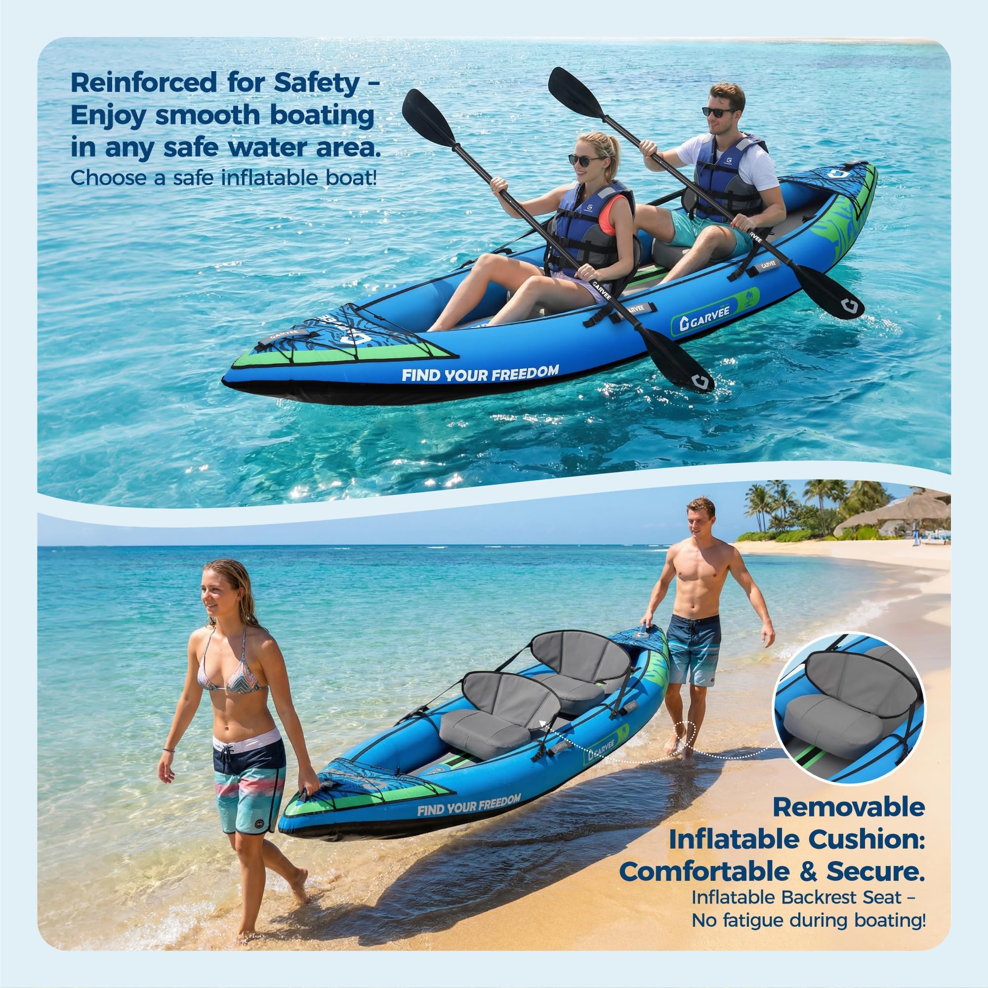 Aufblasbares Kajak für 2-Personen, Luftkajak mit Gepolsterte Sitze, 3 Finnen, Paddel, Handpumpe, Tragetasche & Reparaturset, Robustes Drop-Stitch-Tandem, 204 kg Tragkraft, 381 × 95 × 42cm