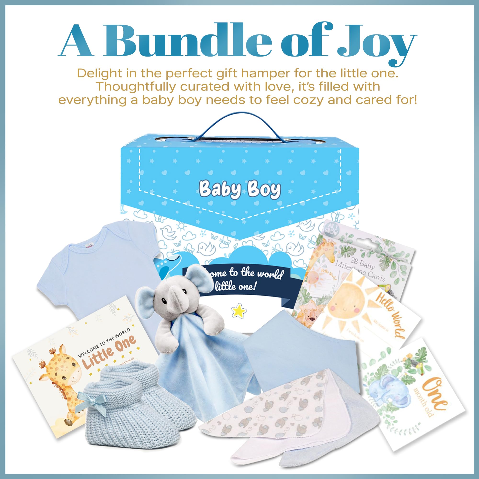 Hattie’s Gifts Baby Hamper, Newborn Essentials Gift Set for Baby Boy with Bodysuit Booties, Bib, Elephant Comforter - Image 2