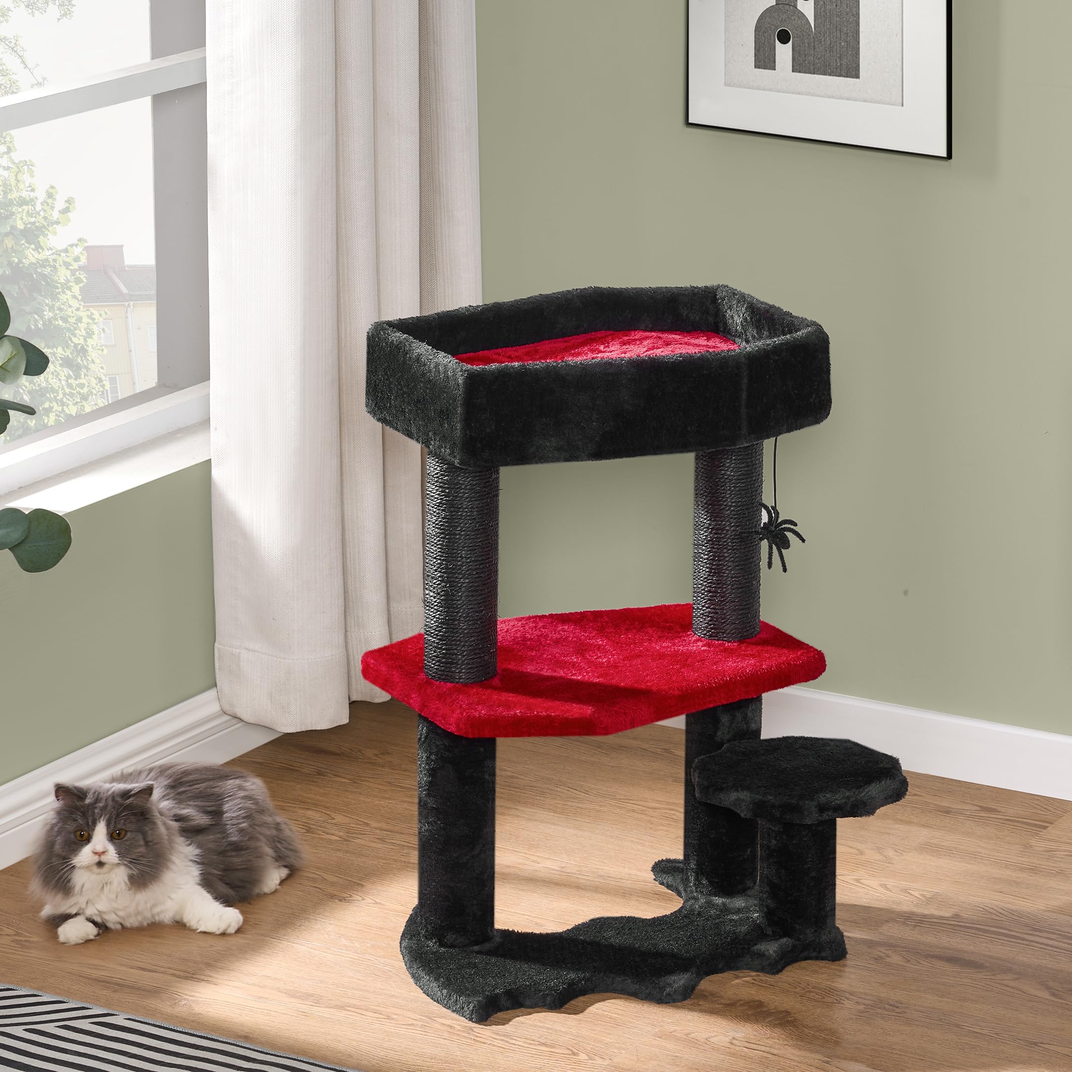 BEWISHOME Gothic Cat Tree with Coffin Cat Bed Goth Cat Tower Coffin Cat Tree with Scratching Post, Spider Hanging Ball Halloween Black Red Pet Furniture MMJ94R