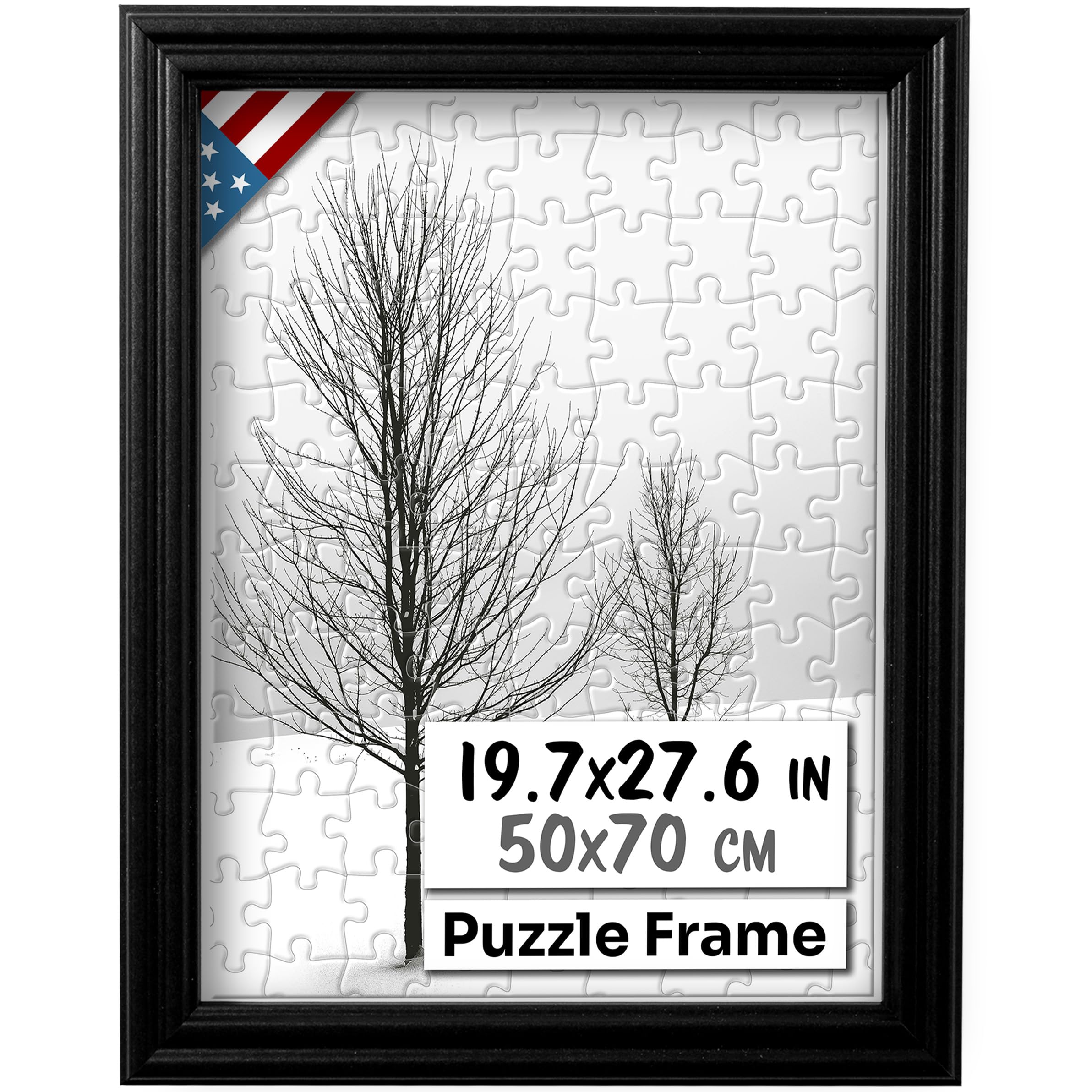 US Art Black 19.7 x 27.6 Frame, 50x70cm Frame, Jigsaw Puzzle Frames 1000 Pieces for Wall Decor, Solid Wood Picture Frames with Preinstalled Vertical & Horizontal Hanger & UV Blocking Plexiglass