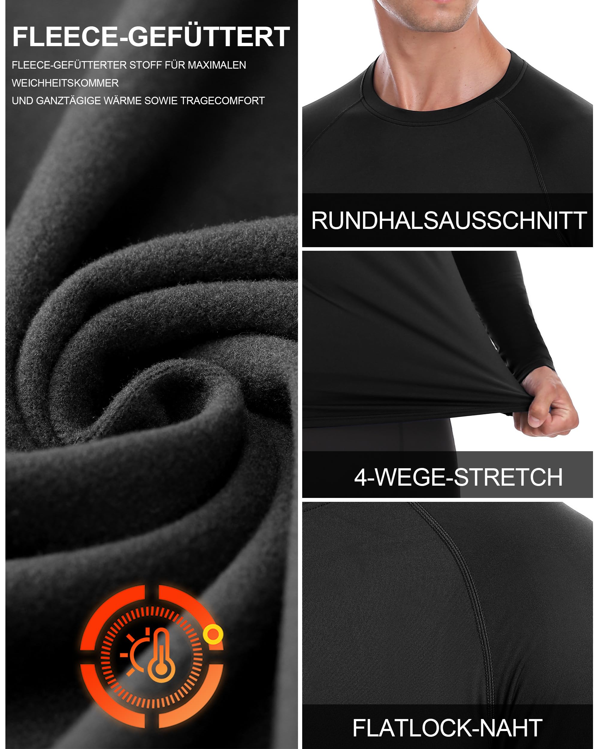 Roadbox 1-2er Pack Herren Thermo Kompressionsshirt Langarm Innenfleece | Warmes, atmungsaktives Funktionsunterhemd，Bietet flexible Muskelunterstützung für Winterlauf, Skifahren und Outdoor-Arbeit.