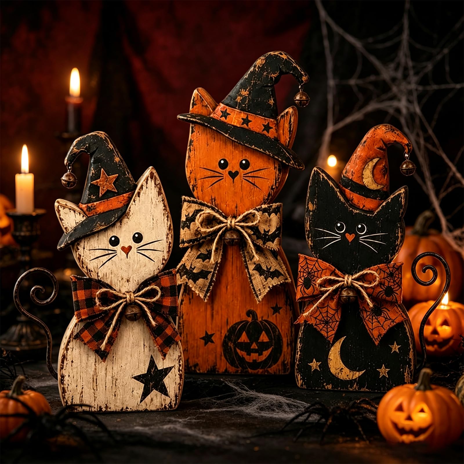 3 Pcs Vintage Halloween Witch Cat Decor Set, Ornament Figurine Centerpiece