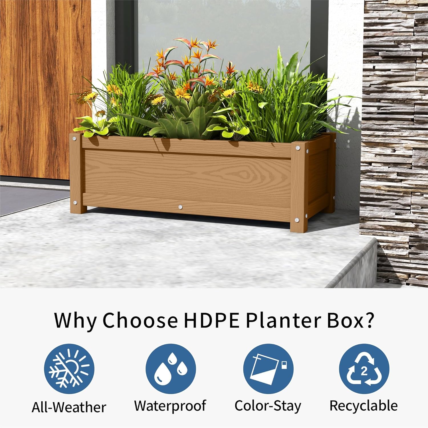 HDPE Planter Box, All-Weather Outdoor Garden Bed Easy to Assemble, Drainage System, Low Maintenance, Non-Fading, for Flower/Herb/Seed (Teak)
