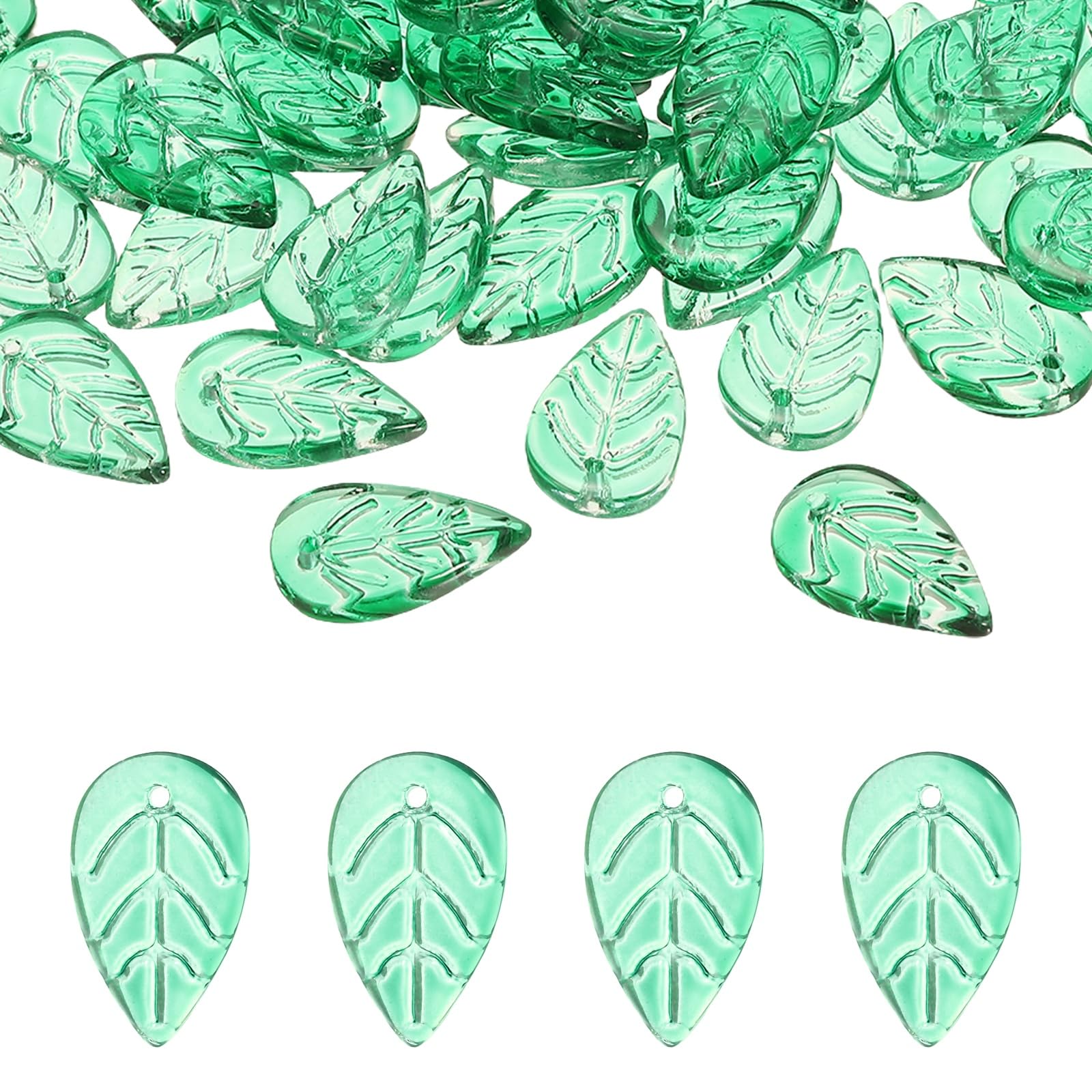 PATIKIL Leaf Beads, 100Pcs Crystal Leaf Beads Translucent Czech Glass Beads Spacer Bead for DIY Jewelry Making Bracelets Necklace, Peacock Green