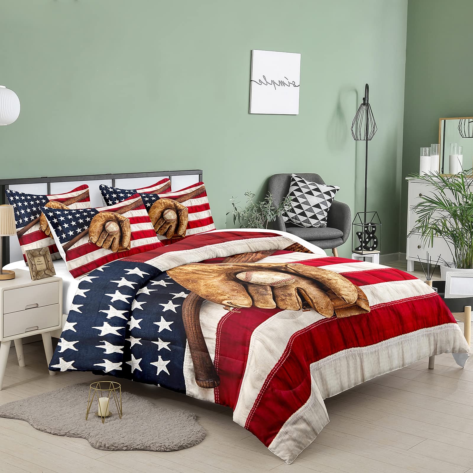 Bodhi Sports Comforter Set Full Size,Baseball Bedding Set Full for Kids,American Flag Bedding Set Full Size,Full Size Teen Boys Comforter Set with Pillowcases