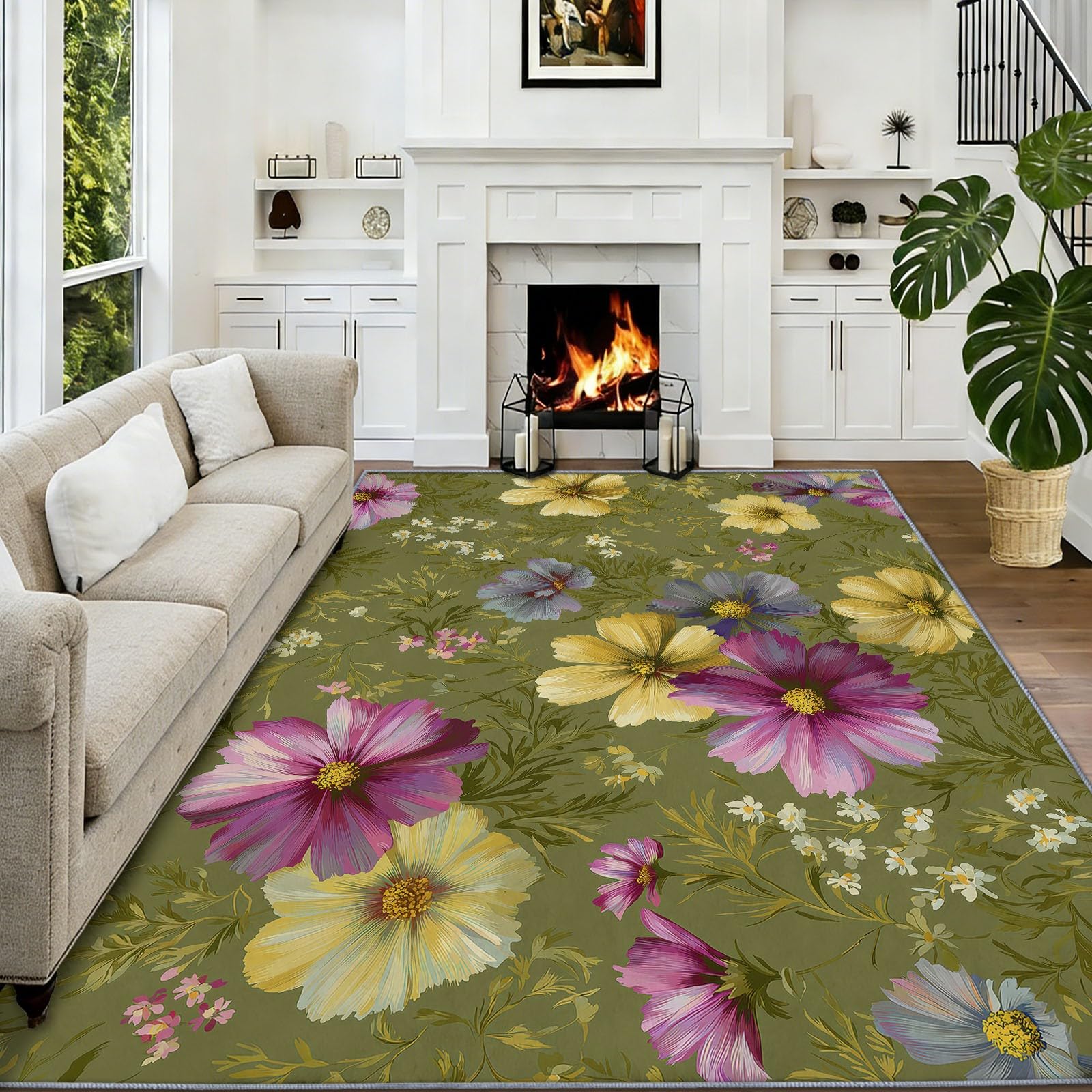 Alfombra de área de 180 x 240 cm, diseño de margaritas Cosmos con flores silvestres, lavable, antideslizante, alfombra antideslizante para dormitorio, sala de estar, alfombra de suelo de pelo corto