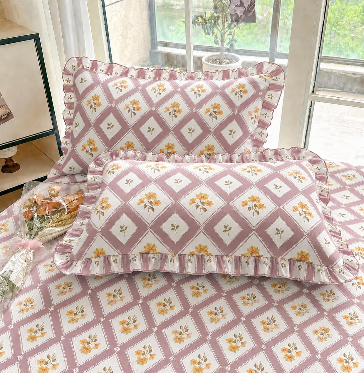 VOMZER Queen Size (60x78) 300 TC Soft Cotton Feel Microfiber All Around Elastic Fitted Double Bedsheet with 2 Frill Pillow Covers | Pink Blossom Check
