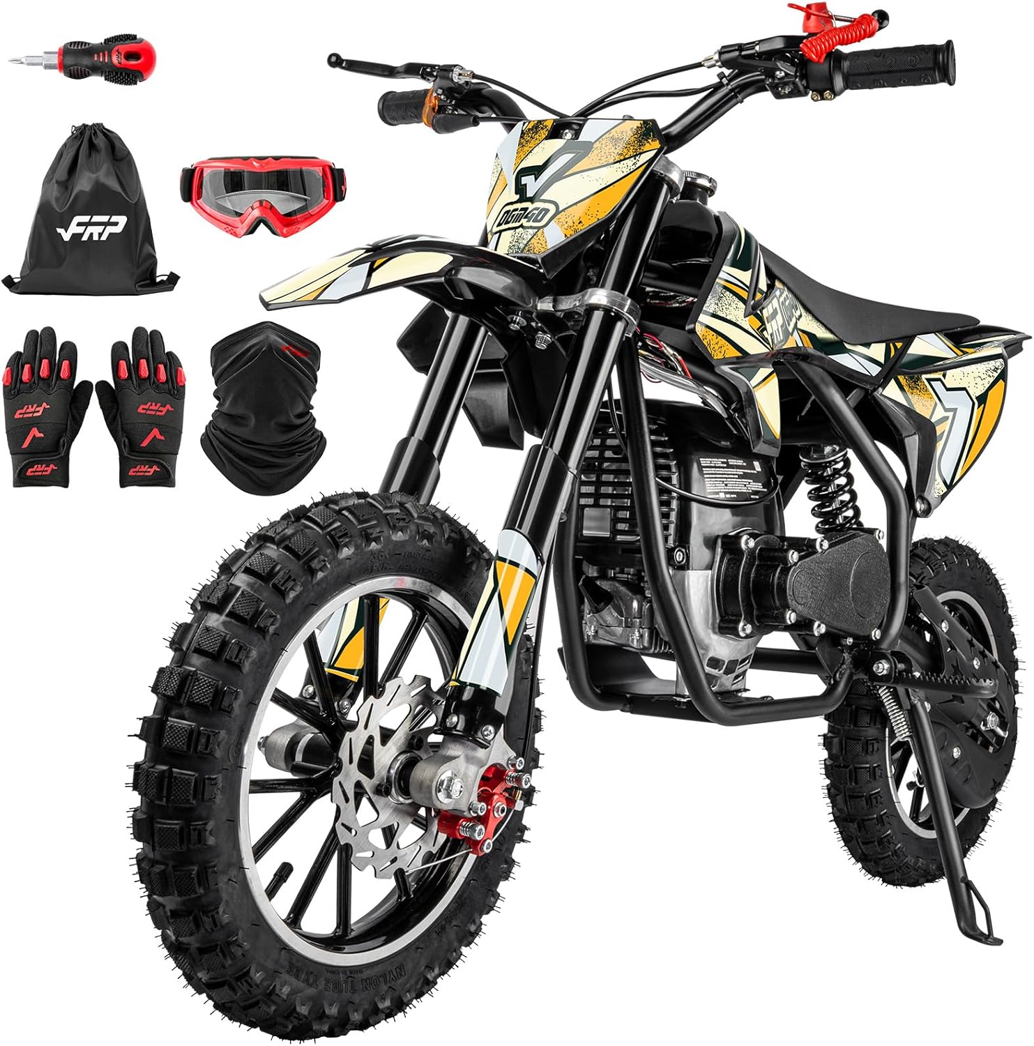 FRP FX40-Ogemaw New 40CC 4-Stroke Gas Dirt Bike for Youth, 20 MPH, Easy Start, Disc Brakes, 132 LBS Capacity, with Goggles, Gloves & Neck Gaiter,Ages 13+ (Yellow)