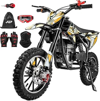 FRP FX40-Ogemaw New 40CC 4-Stroke Gas Dirt Bike for Youth, 20 MPH, Easy Start, Disc Brakes, 132 LBS Capacity, with Goggles, Gloves & Neck Gaiter,Ages 13+ Yellow