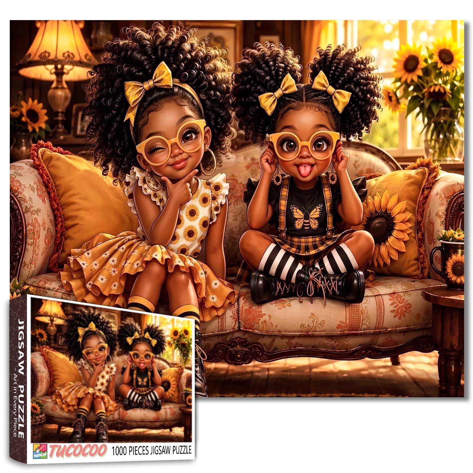 Cute Friendship Jigsaw Puzzle 1000 Pieces Adorable Sisters Sunflower Theme Puzzles for Adults and Teens, Black Girl Colorful Art Puzzle for Challenging Family Game Nights Cozy Home Decor Gifts