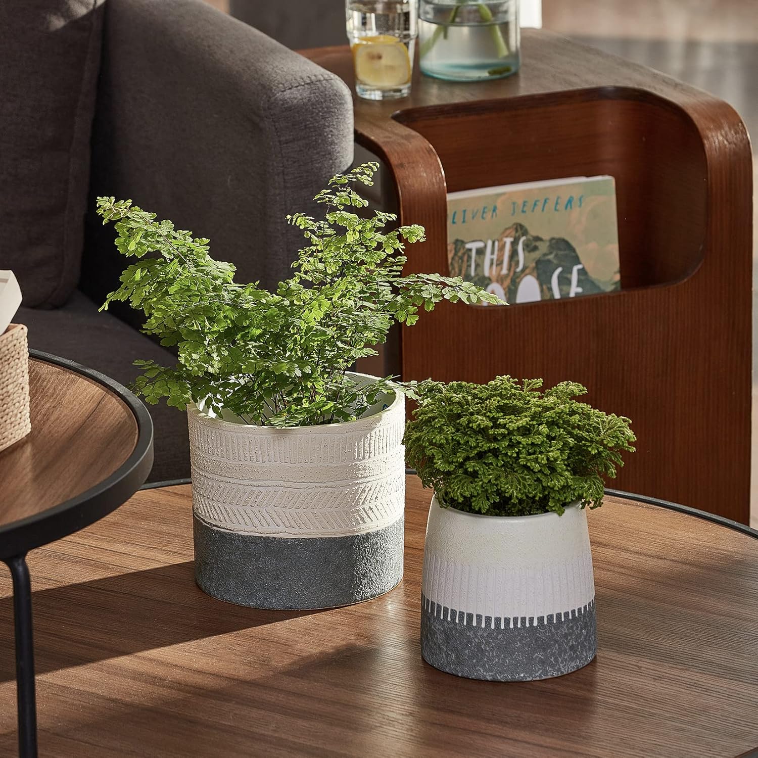 La Jolie Muse Ceramic Planter Flower Plant Pots- 6.7+5.5 Inch Concave Dot Patterned Cylinder Flower Pot W/ Drain Hole for Indoor, Set of 2, Ivory