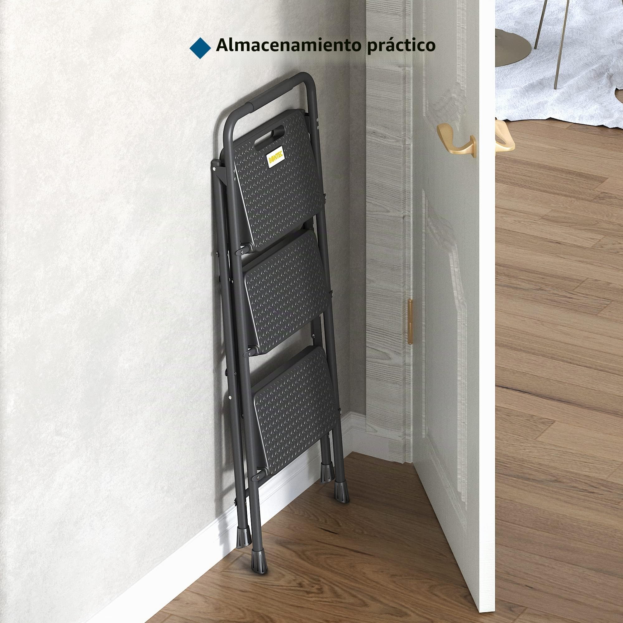 BONTEC Escaleras Plegables de 3 Escalones, Capacidad de 150KG con Pedales Antideslizantes Anchos, Taburete Escaleras de Mano de Acero, Manubrio de Esponja, Uso en Interiores y Exteriores, Negro