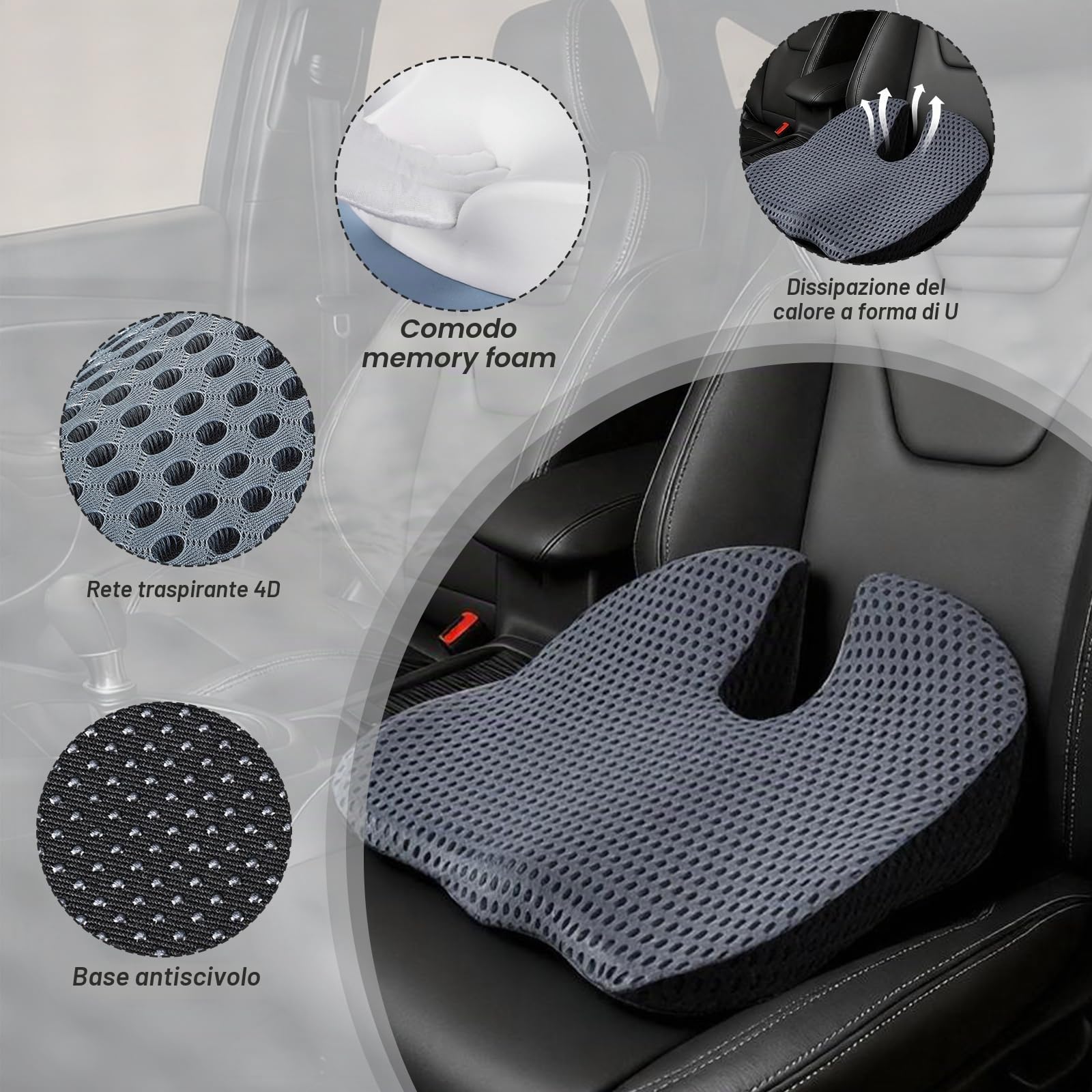 Cuscino ortopedico in memory foam per seggiolino auto, con infuso di gel, per sciatica e lombare, supporto lombare ergonomico per guida, sedia da ufficio, sedia a rotelle, auto, camion, ufficio