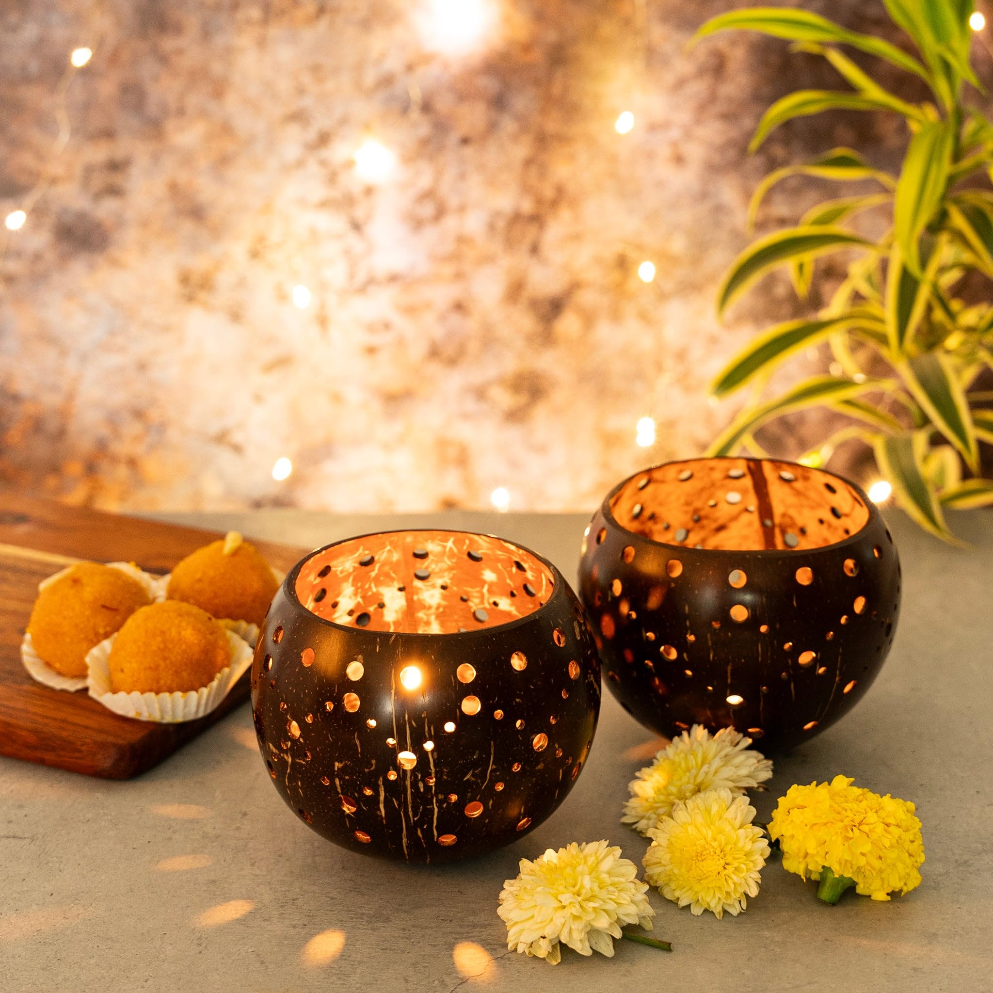 Artmansha 'Coco' Set of 2 Coconut Shell Tealight Holders- Festive|Handmade|Lanterns for Home Decor|Pooja Room Decoration Items|Aesthetic Decor| Unique Home Decor Items